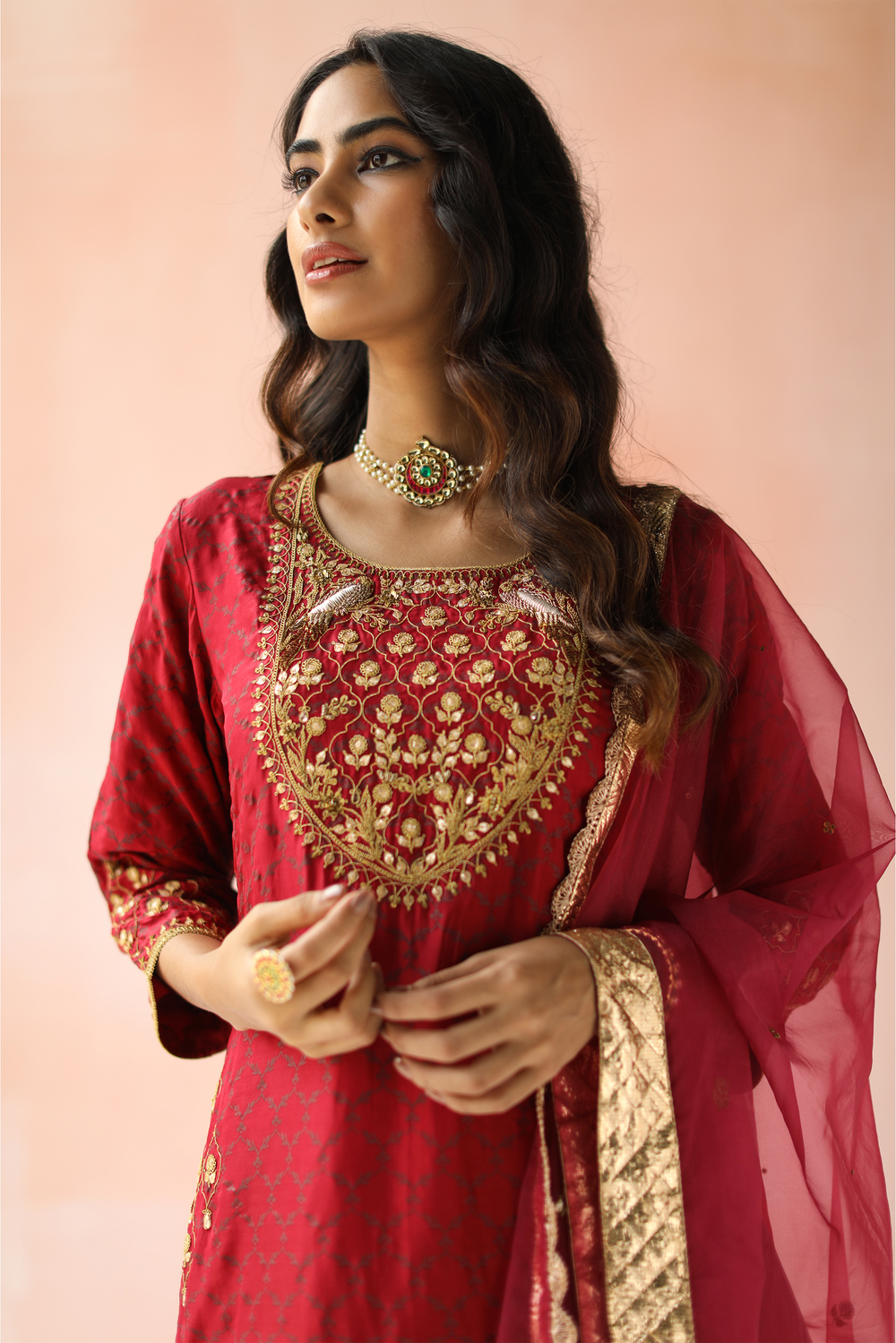 Wine Red Kurta Set with Chiffon Pants and Net Dupatta