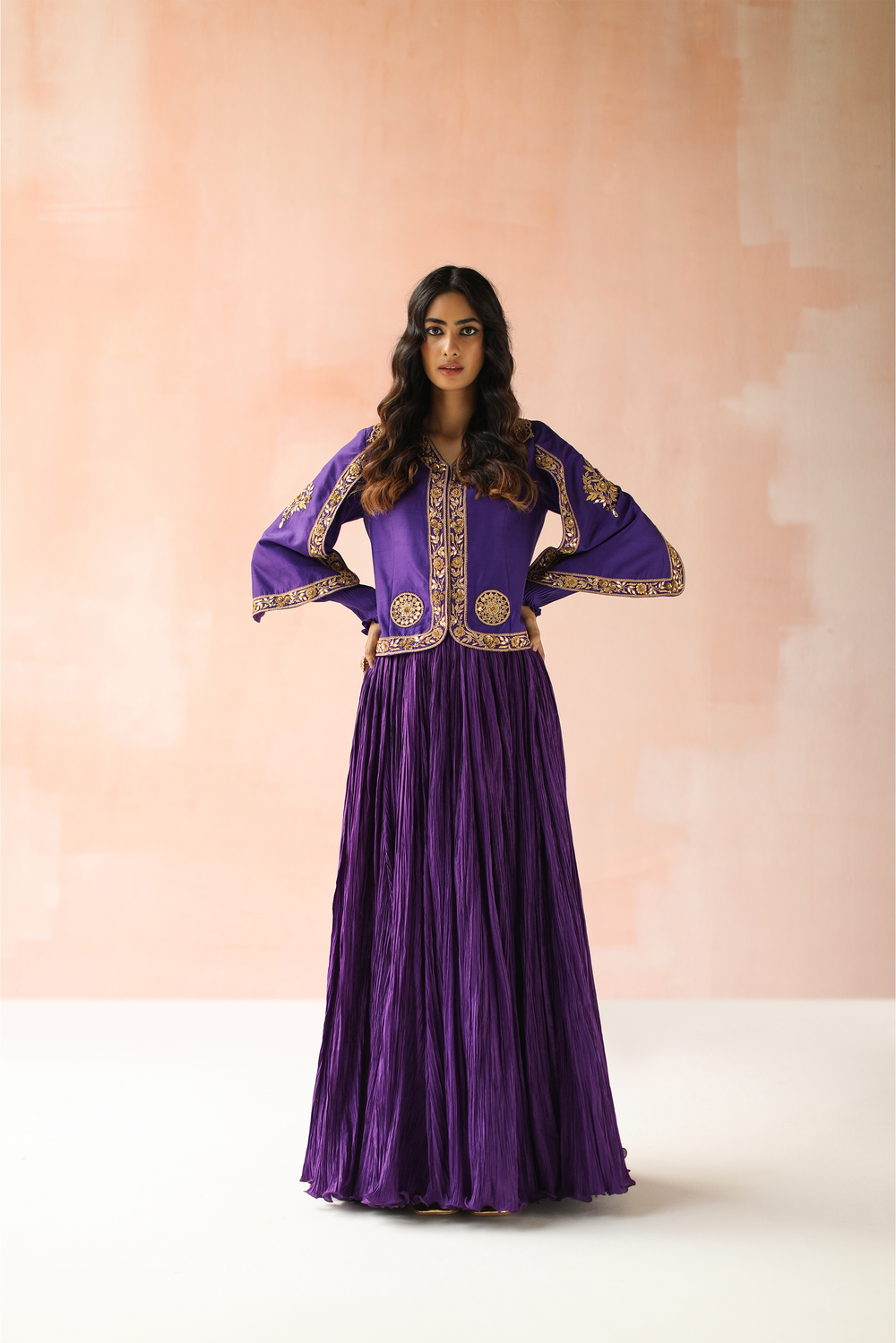 Jacket Style Blouse with Crush Pleated Skirt Lehenga