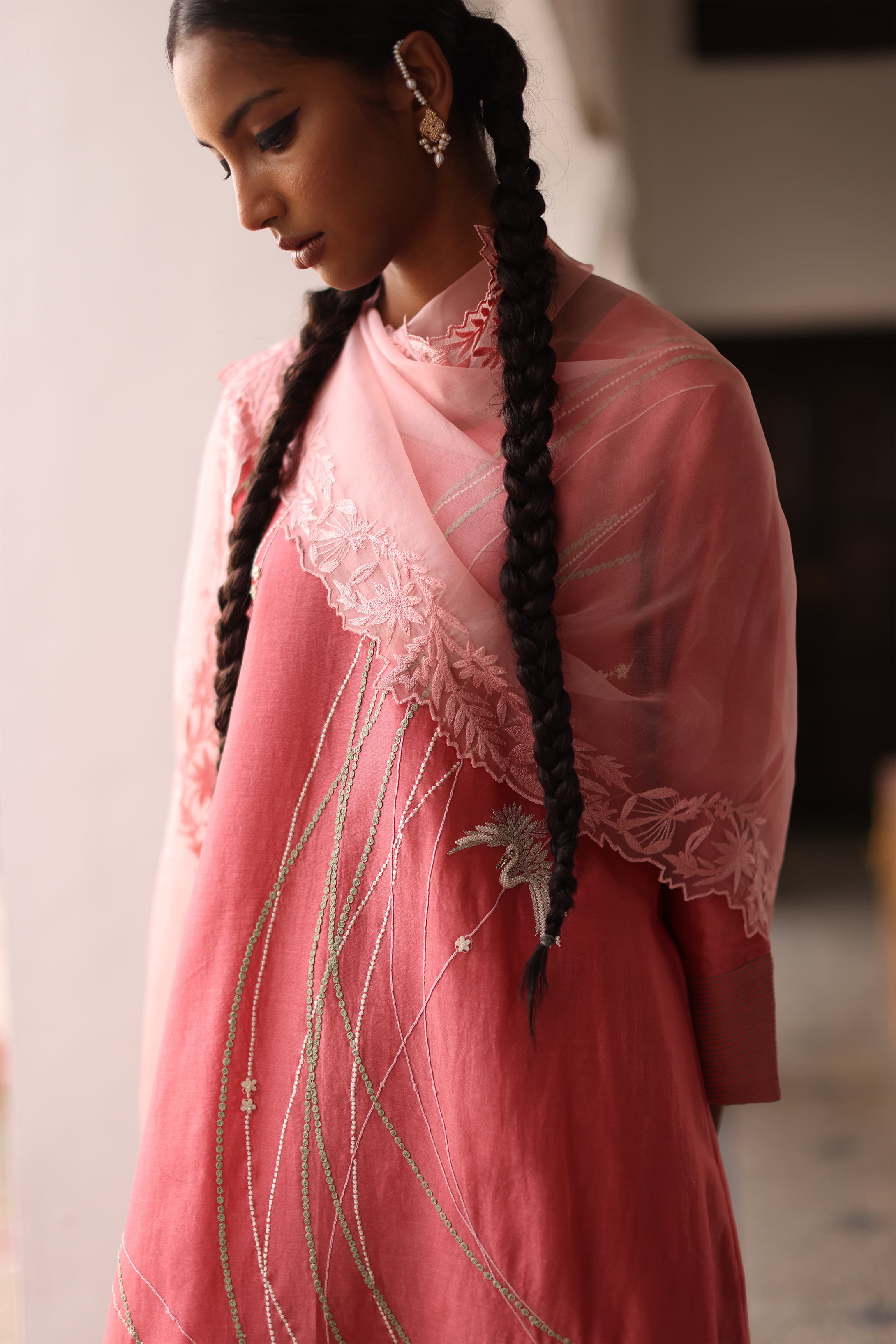 Peony  Embroidered  Kurta,  Pants, With Embroidered Dupatta and Matching Potli