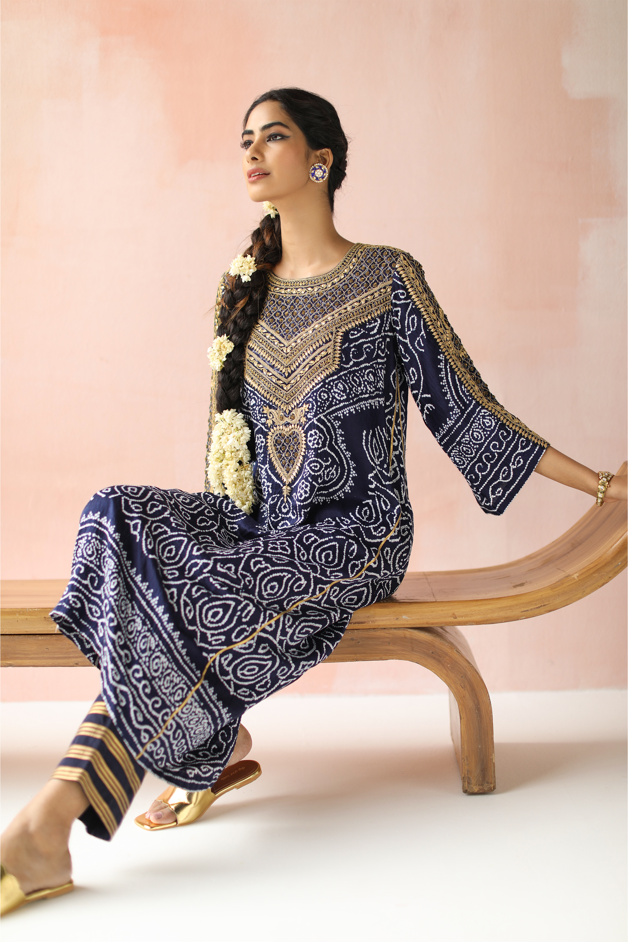 Navy Abha Bandhej With Gota Hand Embroidery