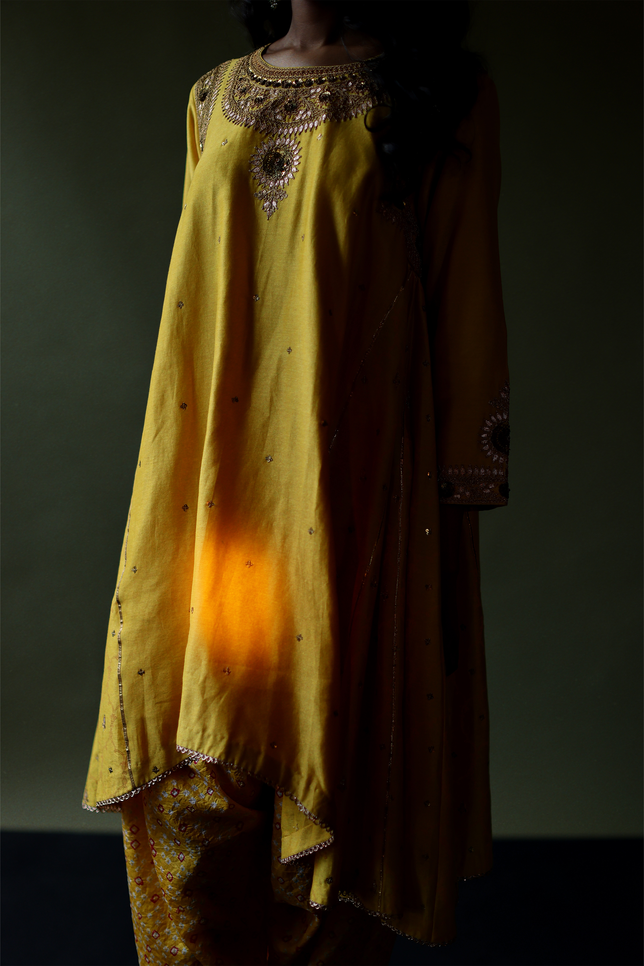 Mango Yellow Kurta With Bandhaj Dhoti Pants & DUPATTA