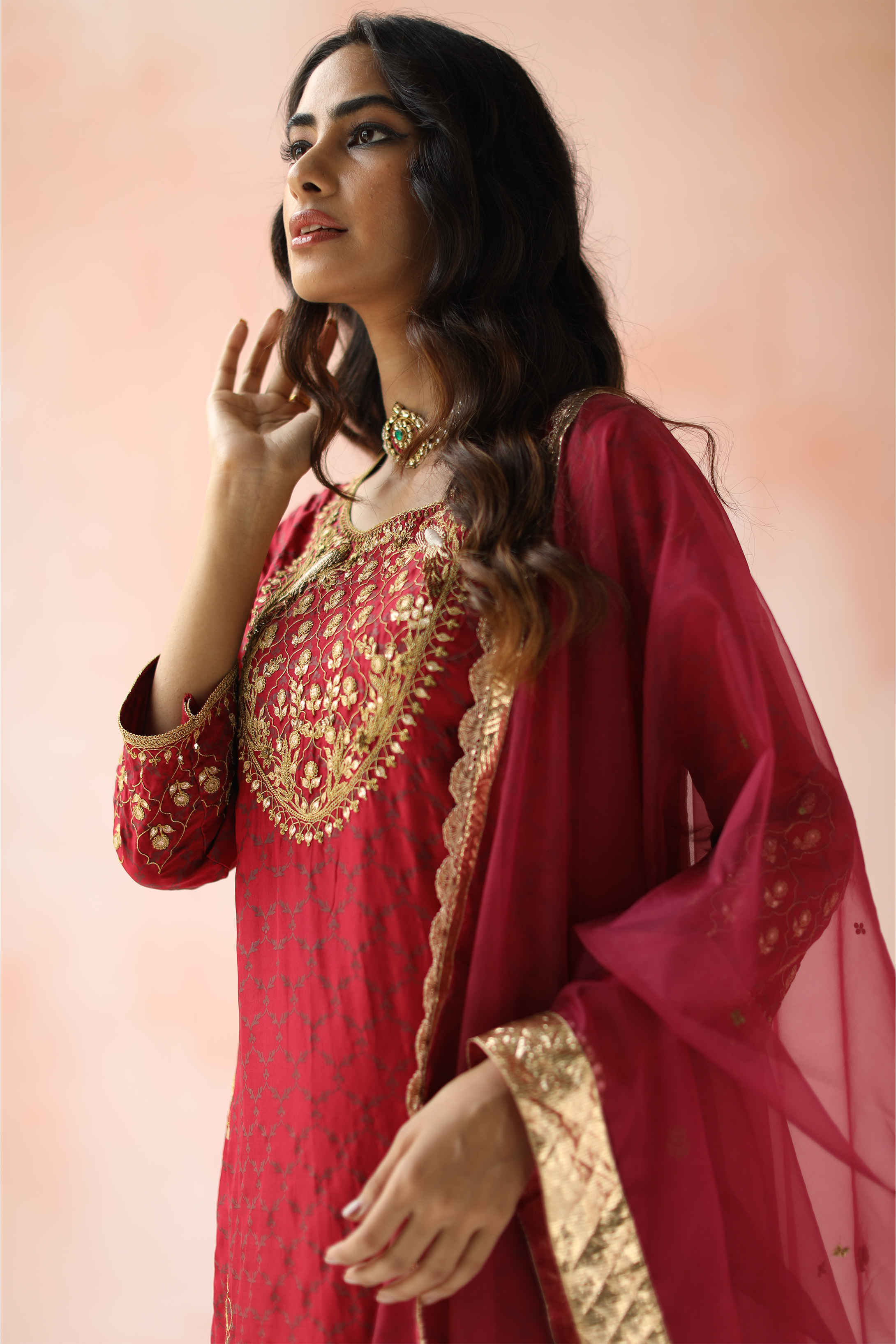 Wine Red Kurta Set with Chiffon Pants and Net Dupatta