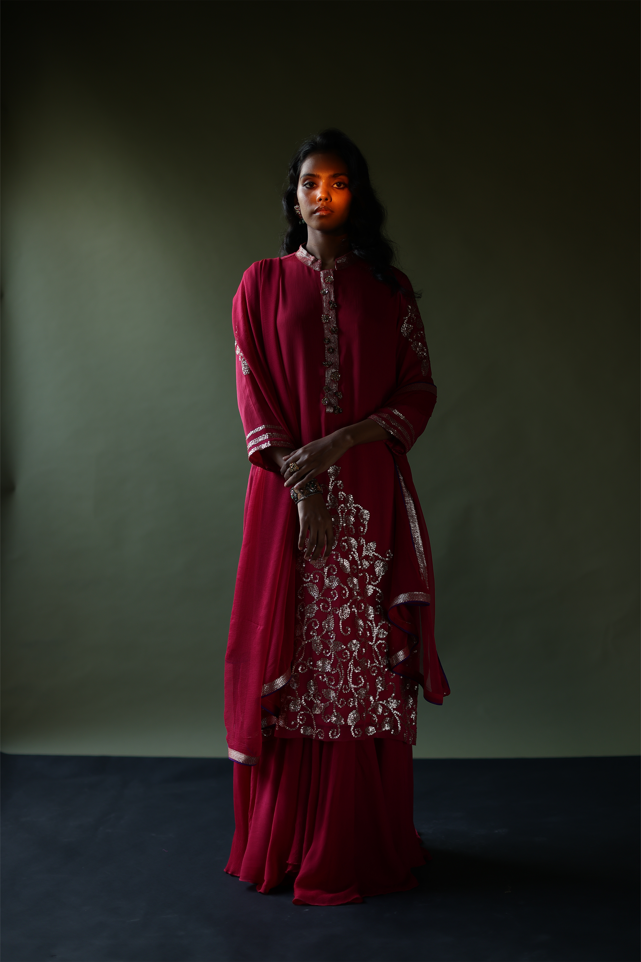 Wine Chiffon Kurta With Chiffon Pallazos & Net Dupatta