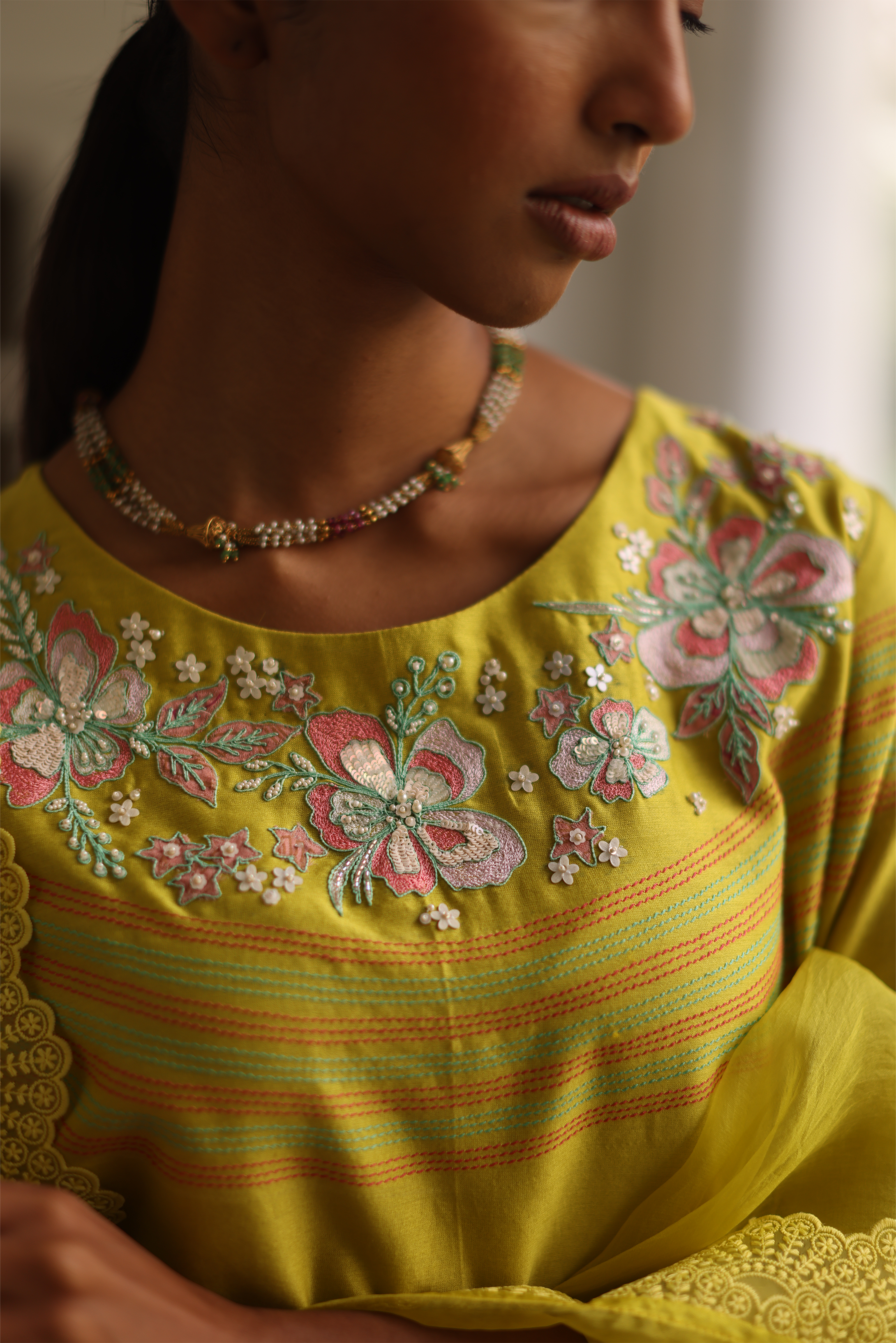 Daffodil Embroidered & Kantha Kurta With Drape Pants, Dupatta & Potli