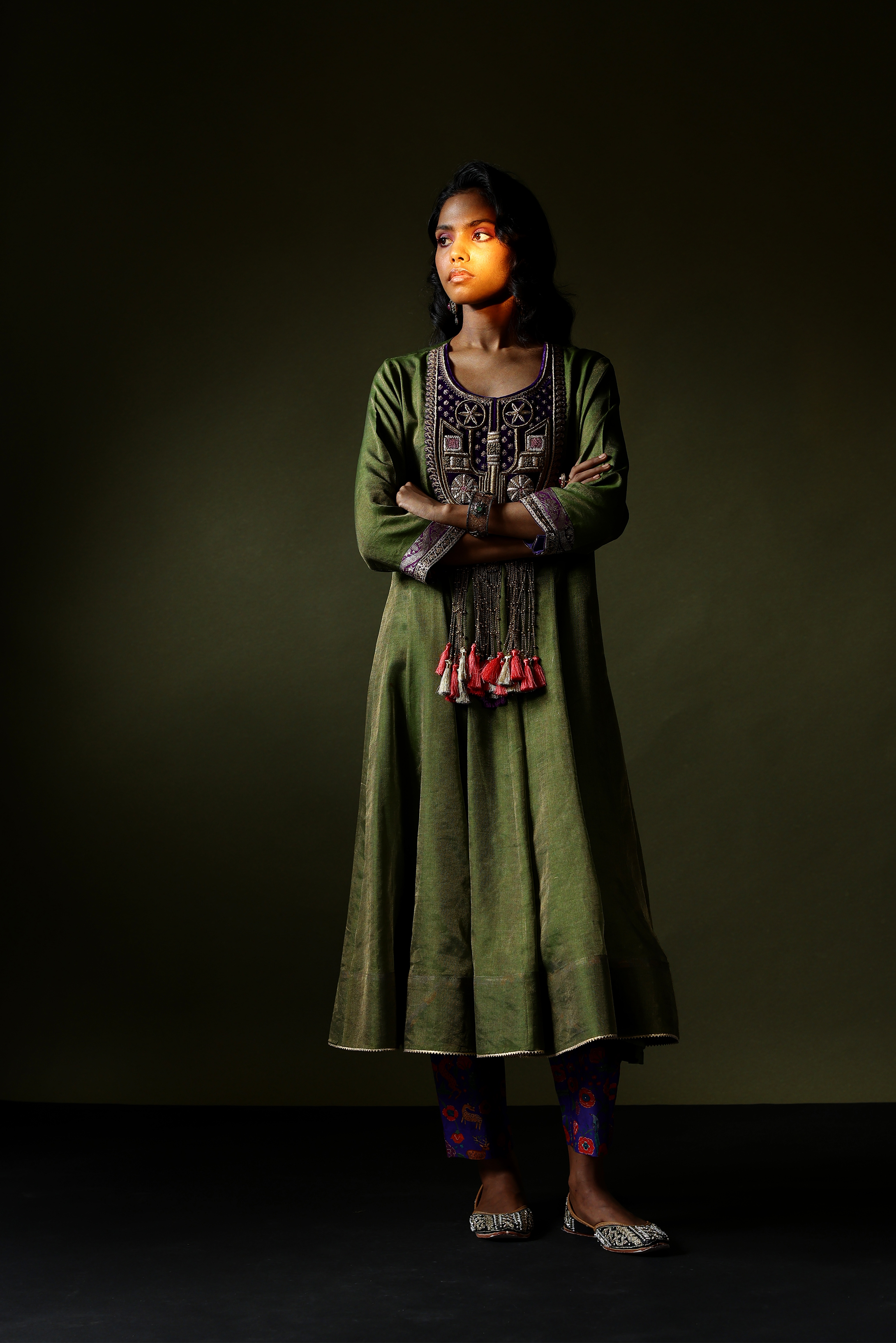 Green Tissue Anarkali with Embroidered Velvet Yoke, Printed Pants & Dupatta