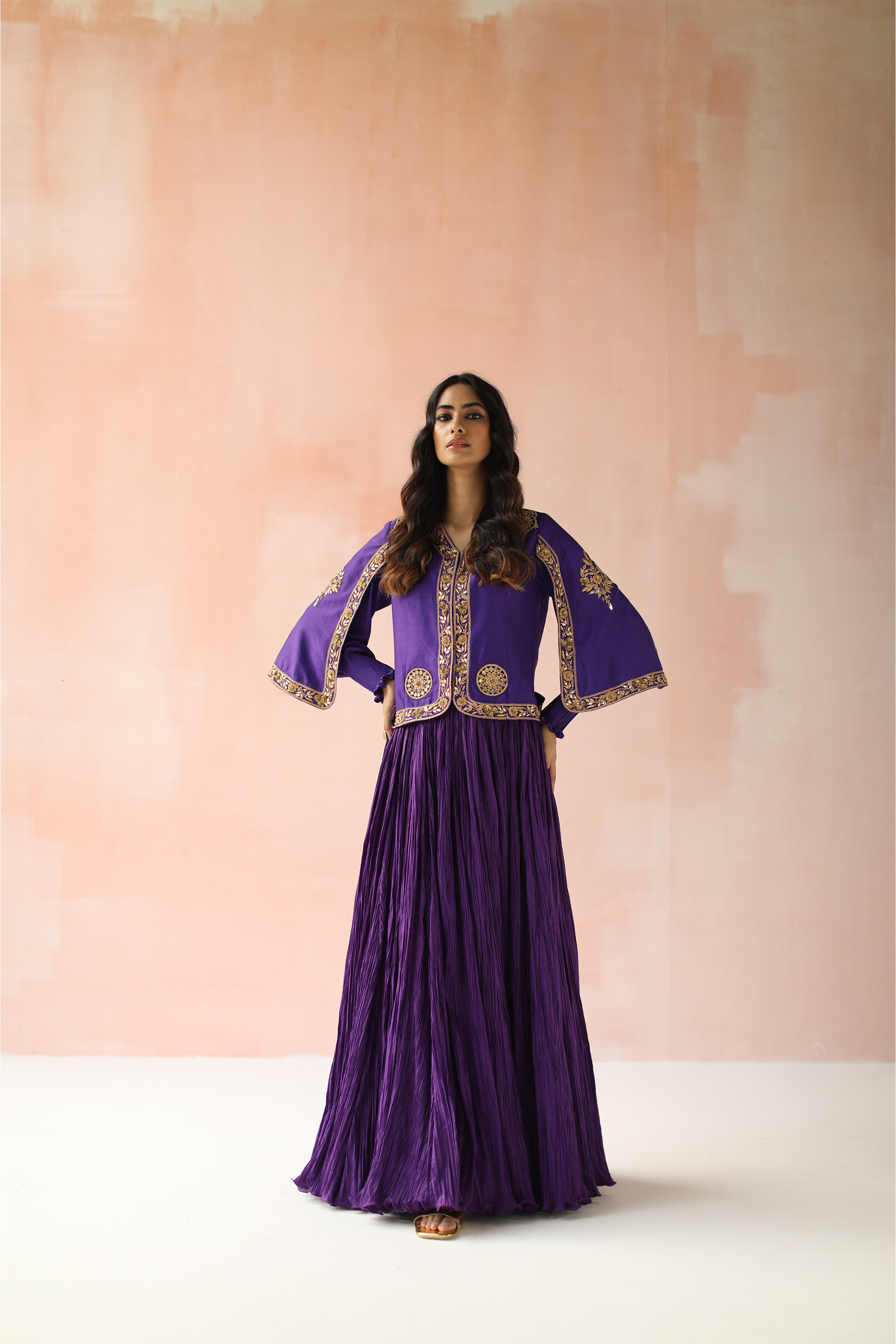 Jacket Style Blouse with Crush Pleated Skirt Lehenga