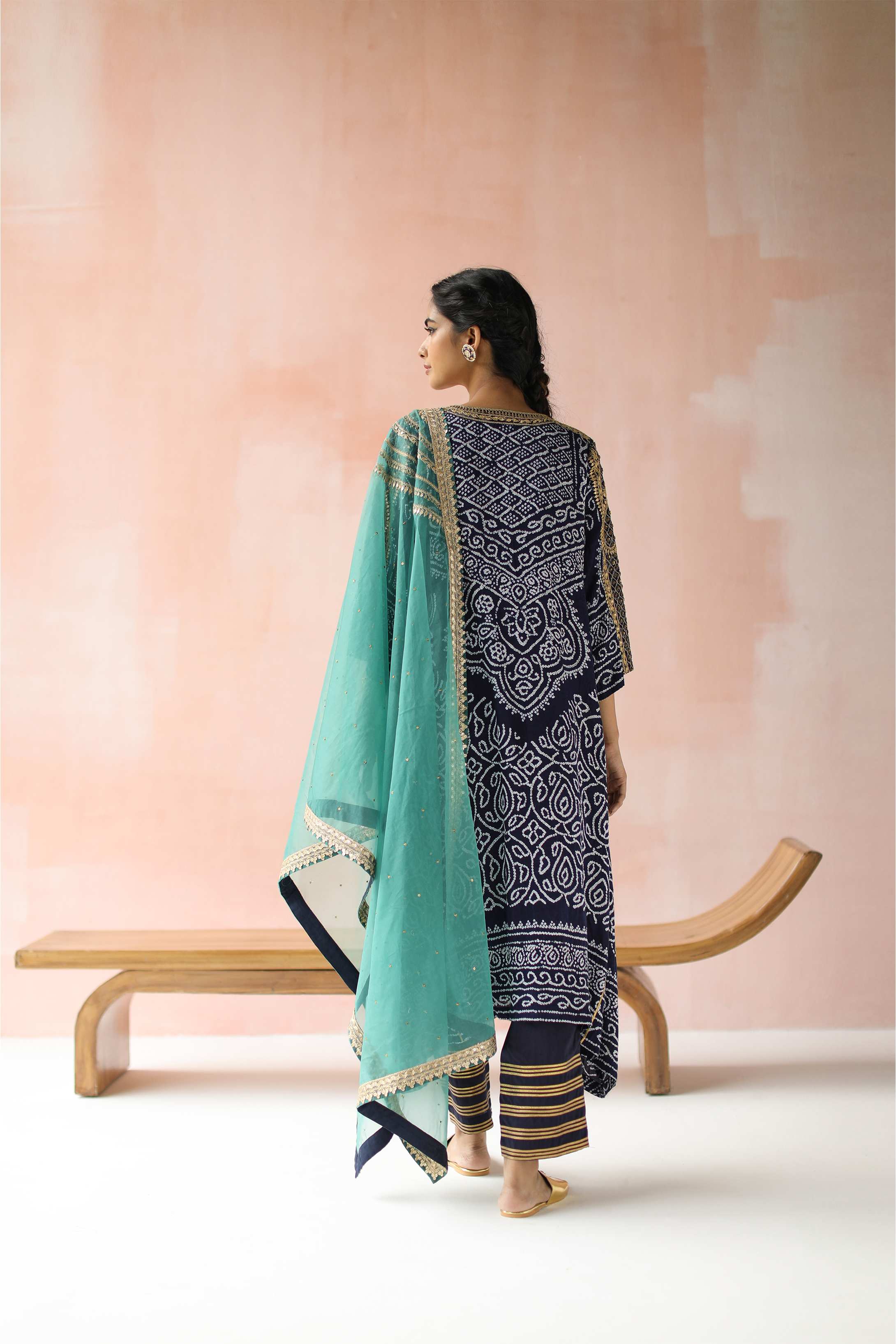 Navy Abha Bandhej With Gota Hand Embroidery