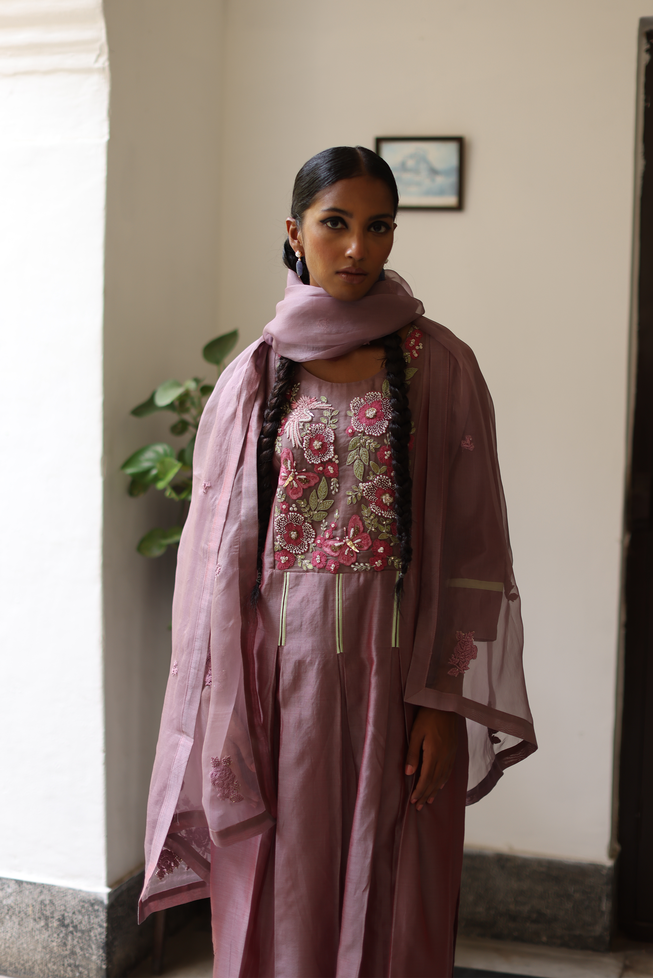 Violet Pleated Kurta With Detailing on Yoke, Pants, Dupatta & Potli