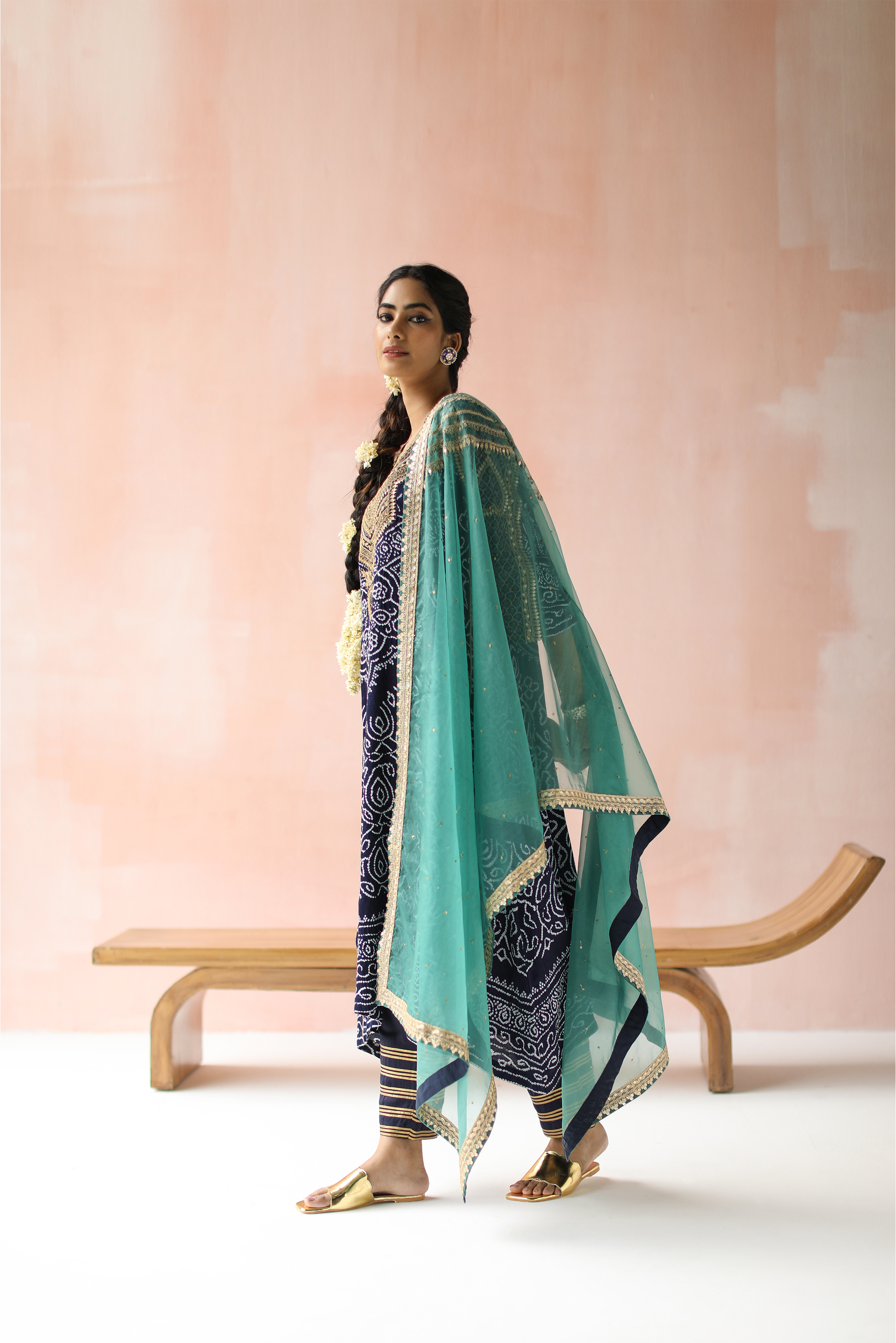 Navy Abha Bandhej With Gota Hand Embroidery