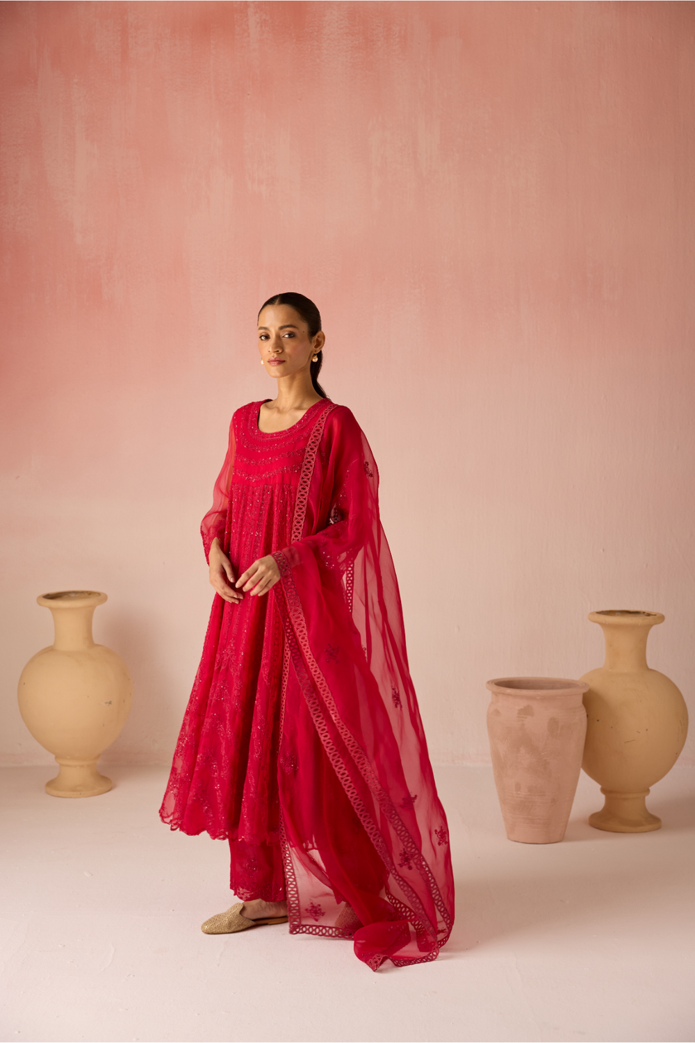 Red Bahaara Organza Anarkali Kurta Set
