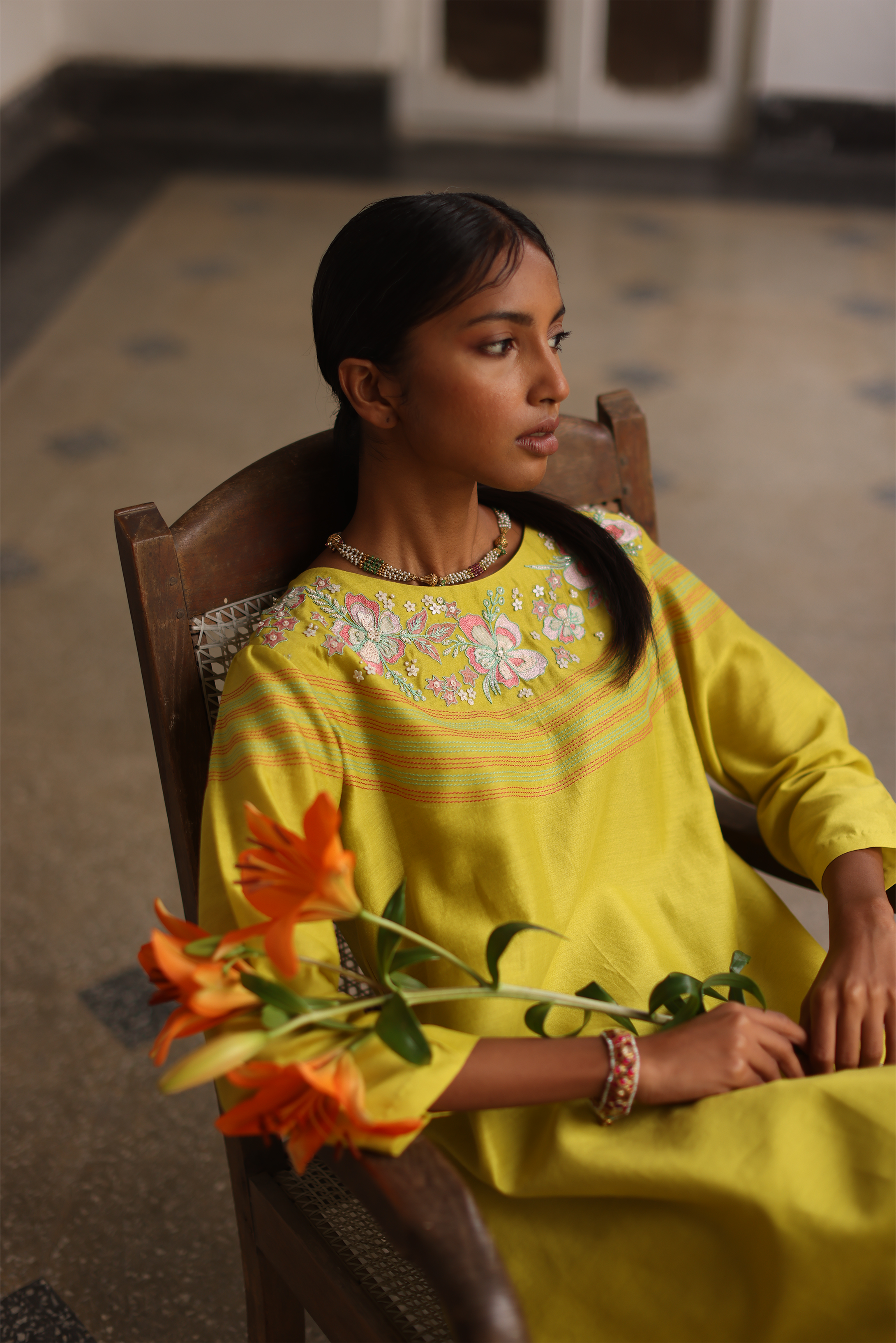 Daffodil Embroidered & Kantha Kurta With Drape Pants, Dupatta & Potli