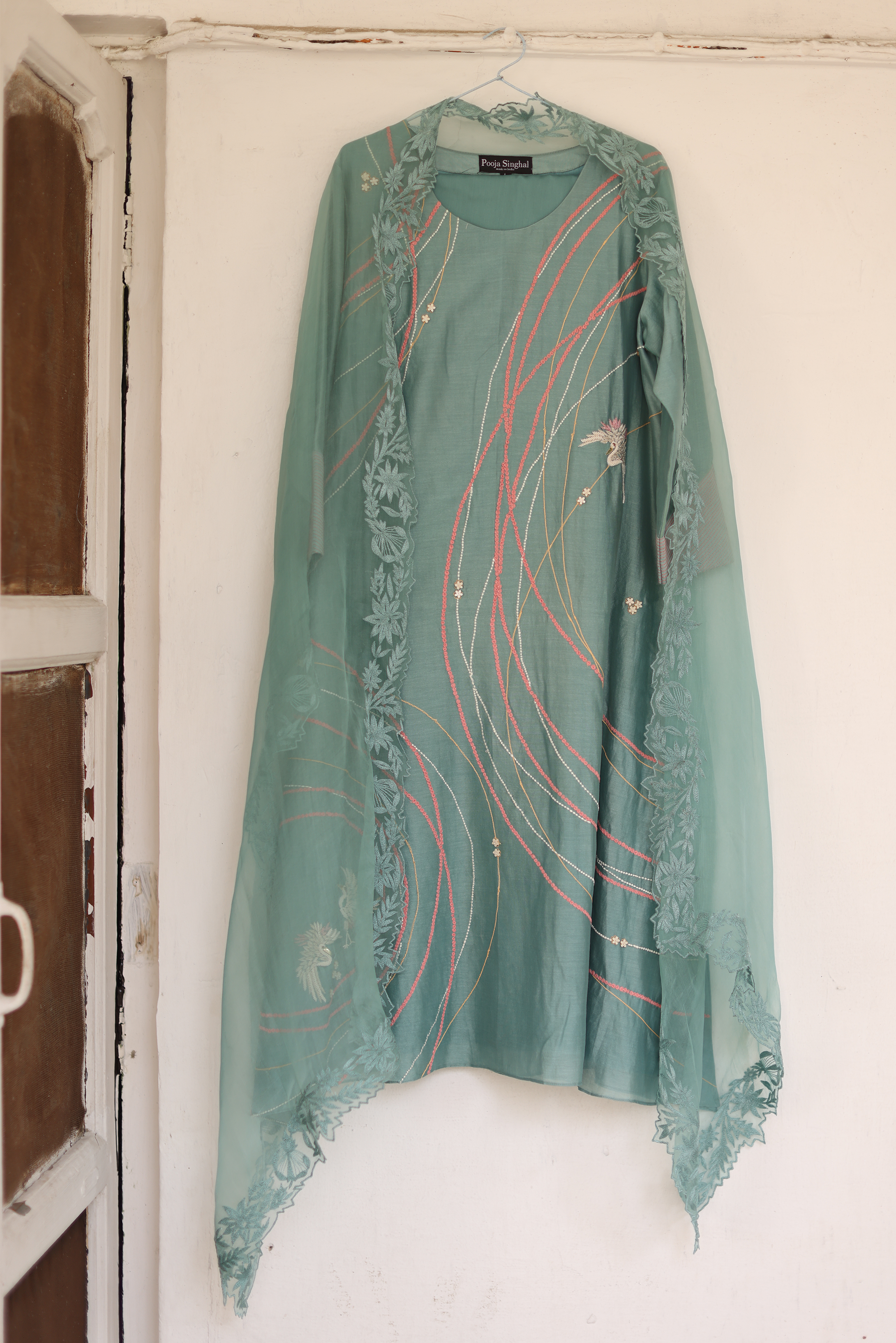 Peony  Embroidered  Kurta,  Pants, With Embroidered Dupatta and Matching Potli