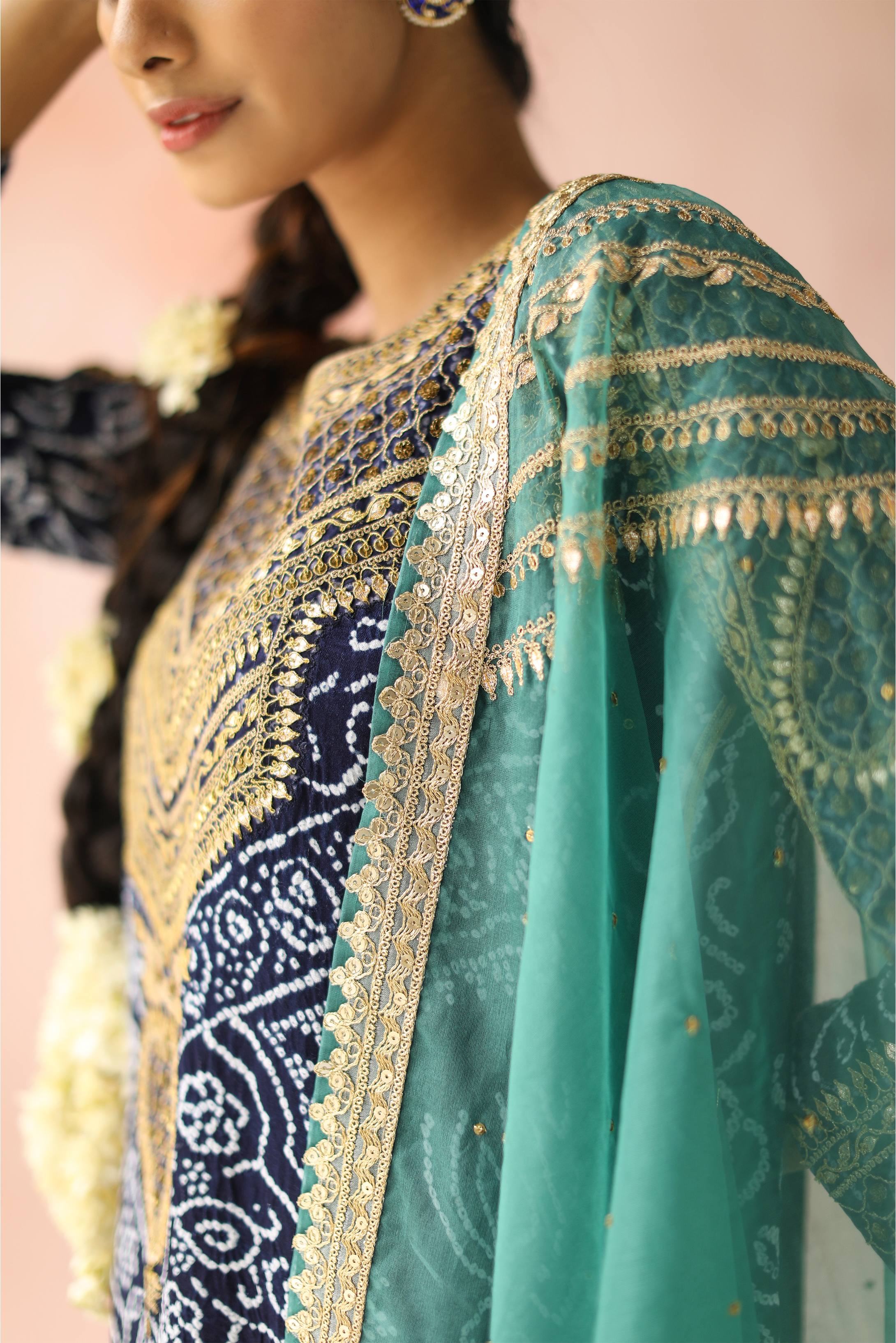 Navy Abha Bandhej With Gota Hand Embroidery