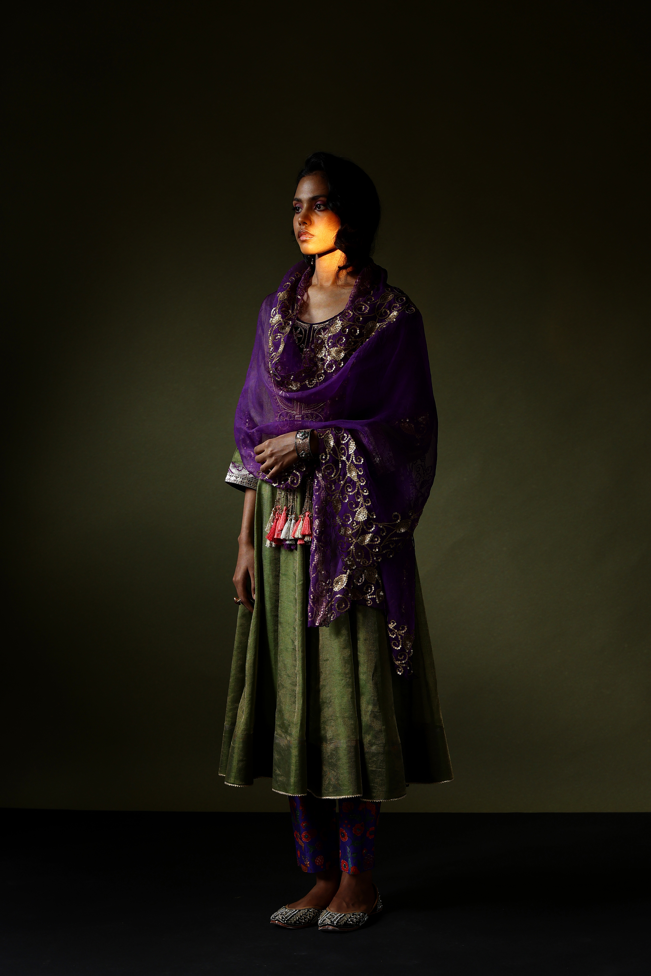 Green Tissue Anarkali with Embroidered Velvet Yoke, Printed Pants & Dupatta