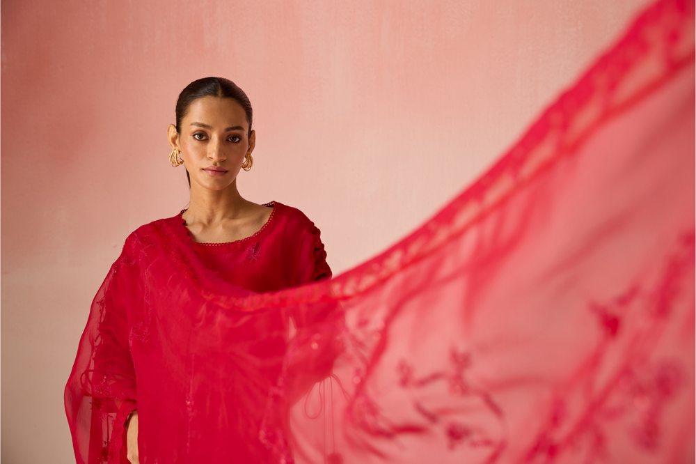 Red Ruby Bahaara Organza Kurta Set