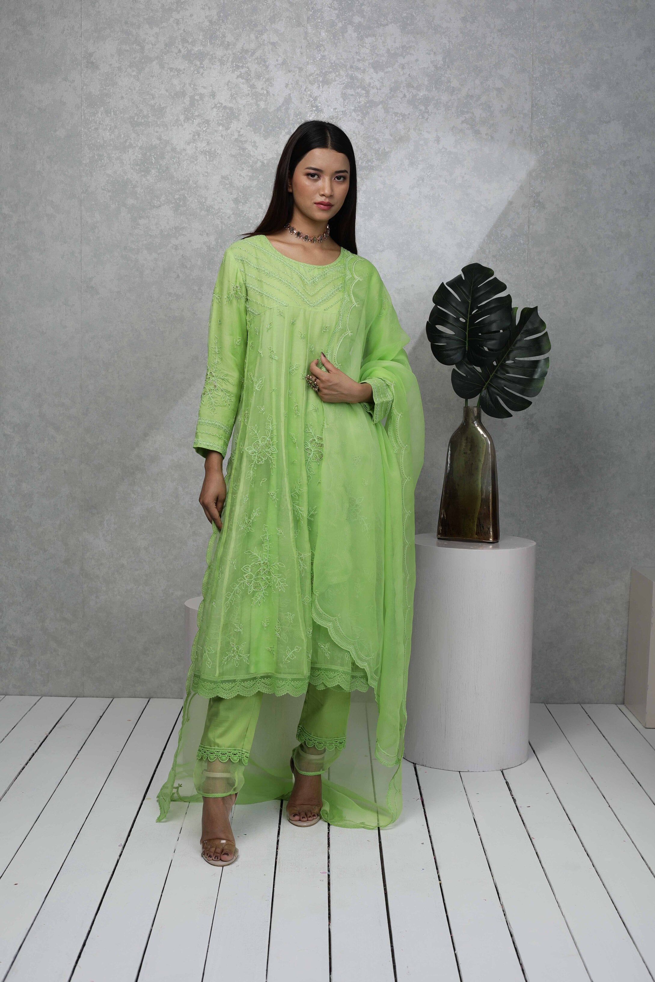 Festive anarkali kurta with Sequin and bead embroidery with narrow pants & Organza dupatta