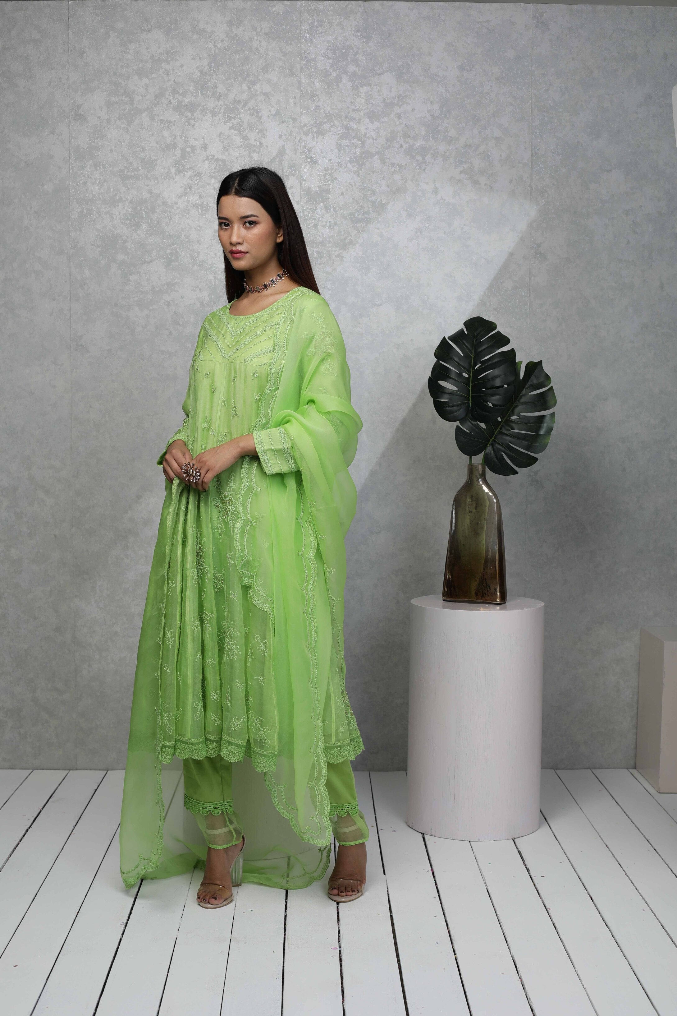 Festive anarkali kurta with Sequin and bead embroidery with narrow pants & Organza dupatta