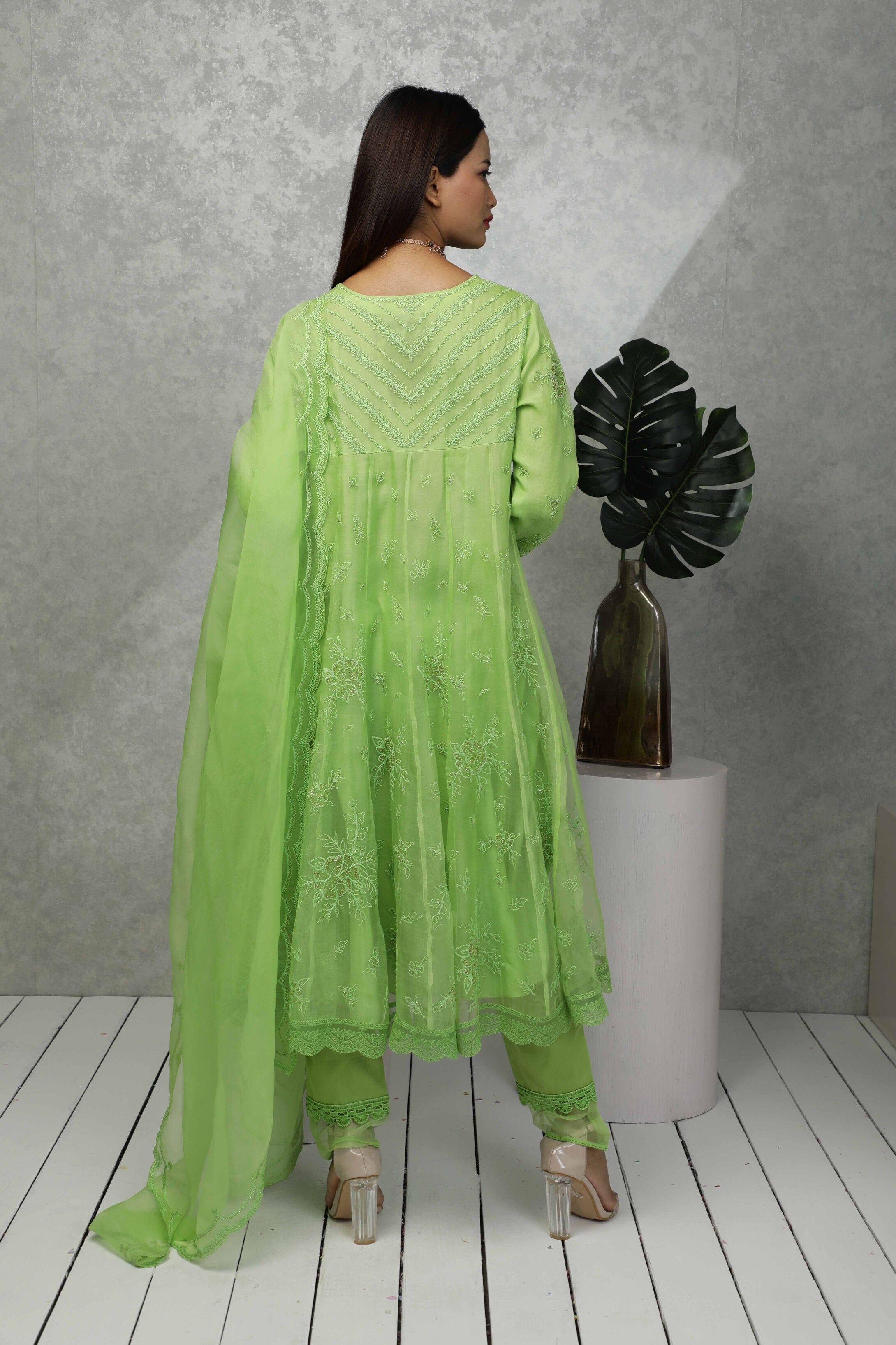 Festive anarkali kurta with Sequin and bead embroidery with narrow pants & Organza dupatta