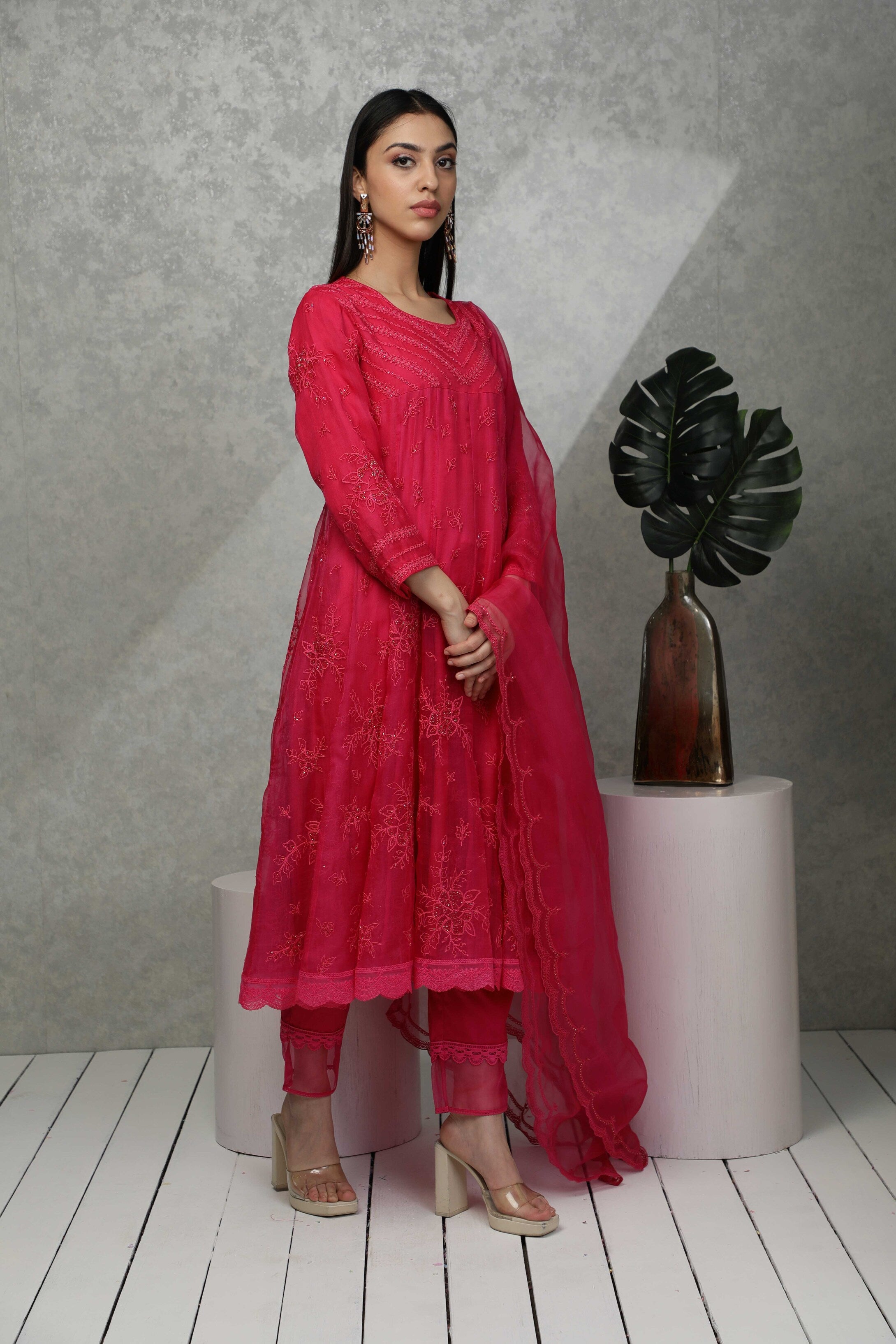 Festive anarkali kurta with Sequin and bead embroidery with narrow pants & Organza dupatta