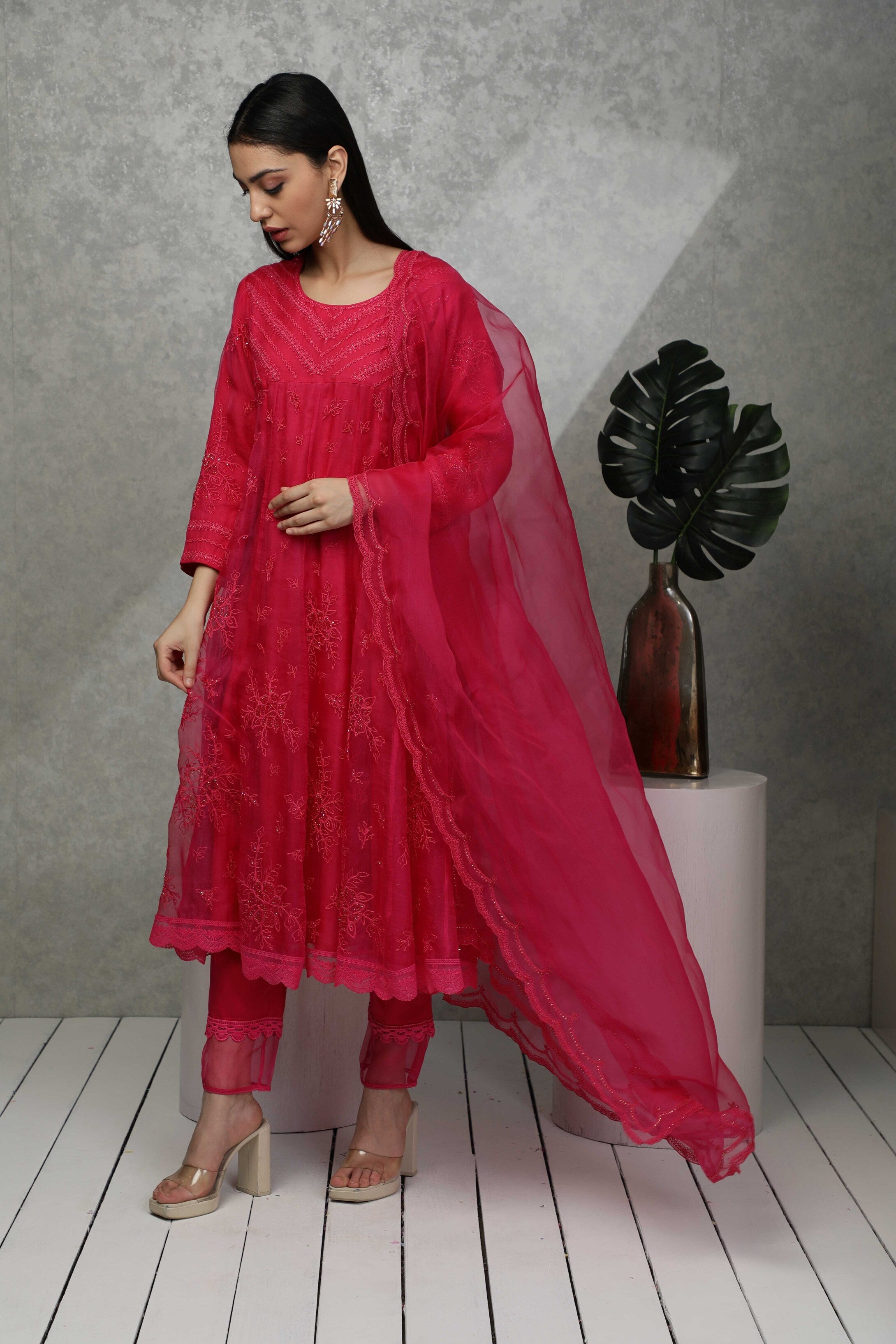 Festive anarkali kurta with Sequin and bead embroidery with narrow pants & Organza dupatta