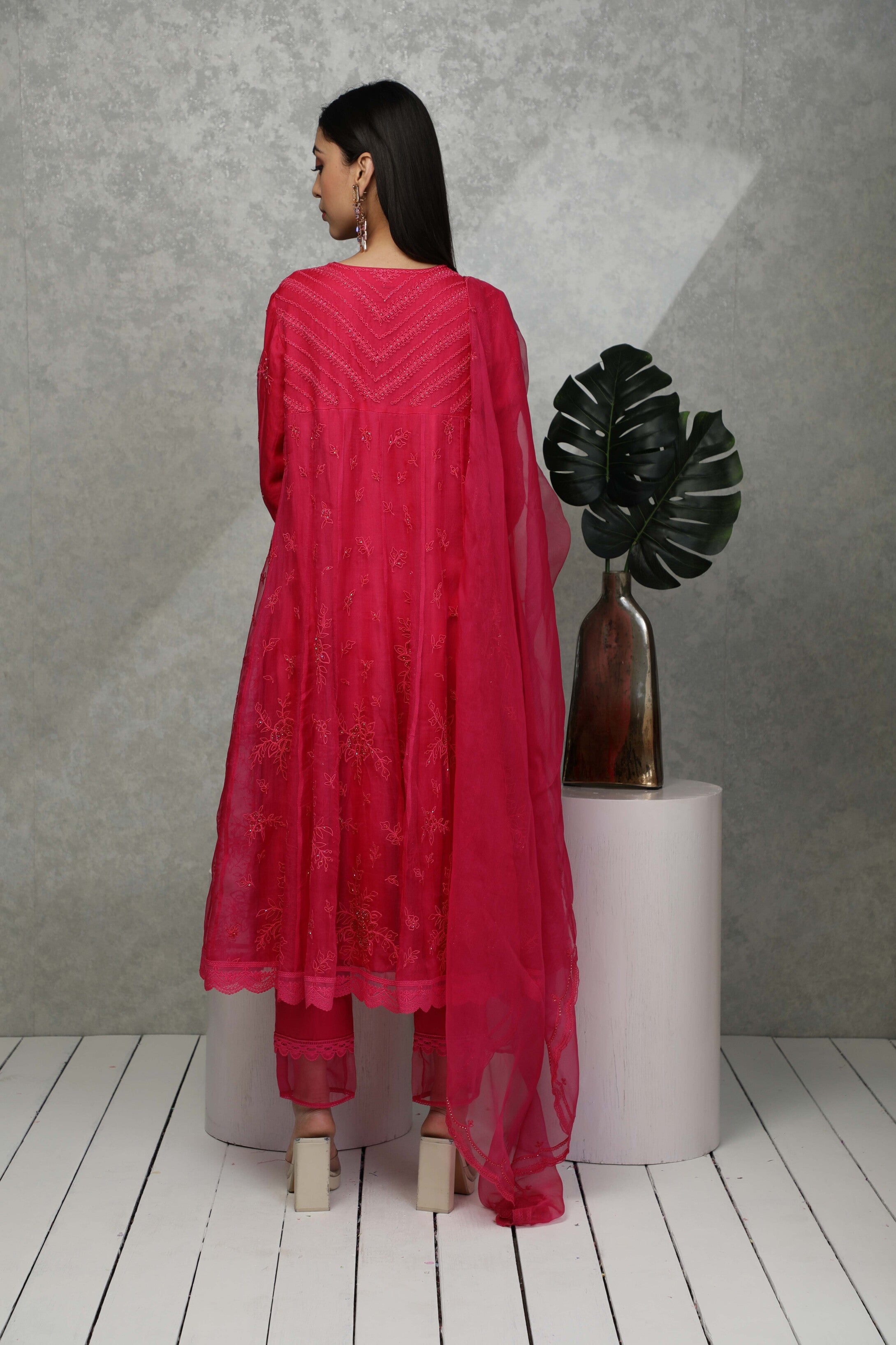 Festive anarkali kurta with Sequin and bead embroidery with narrow pants & Organza dupatta