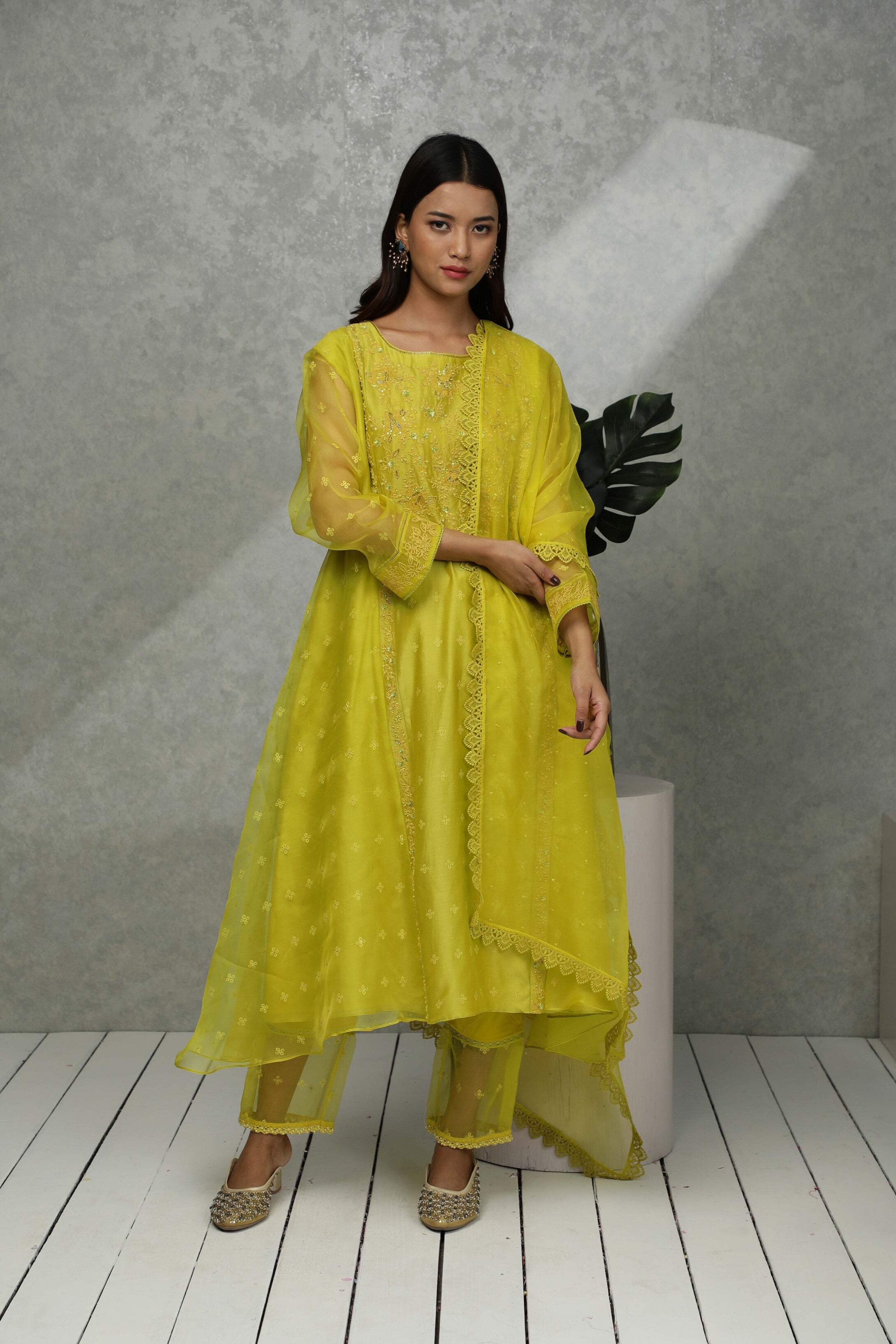 KURTA WITH SIDE PANELS with pants & Organza dupatta