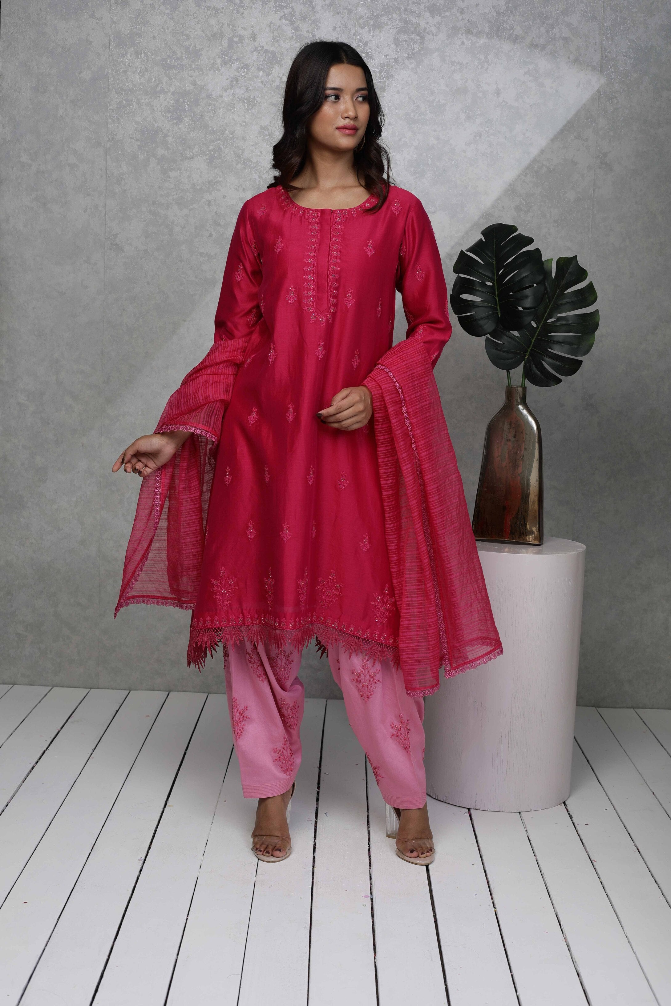 Festive kurta with bead embroidery with pink salwar  & Organza dupatta