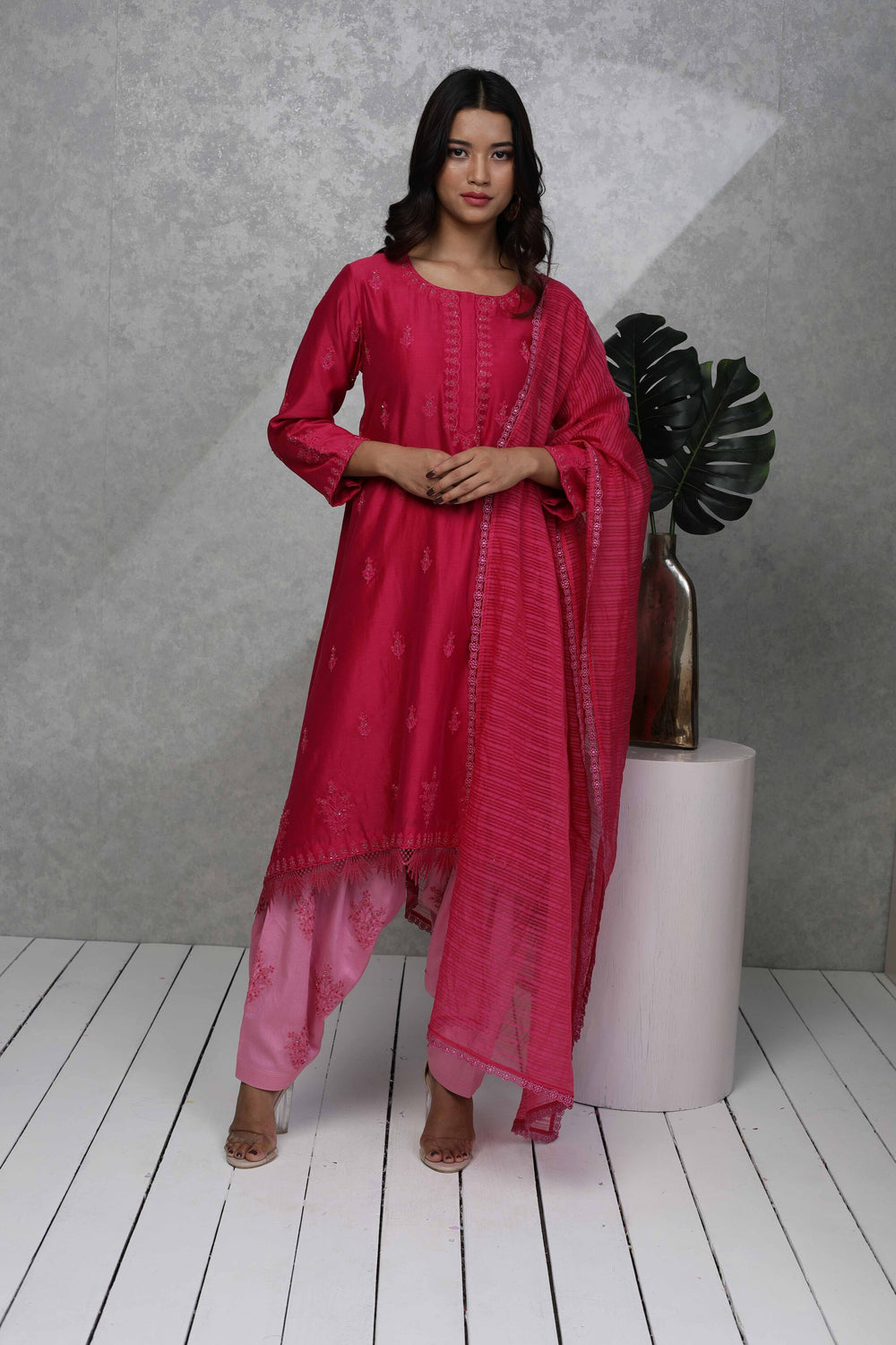 Festive kurta with bead embroidery with pink salwar  & Organza dupatta