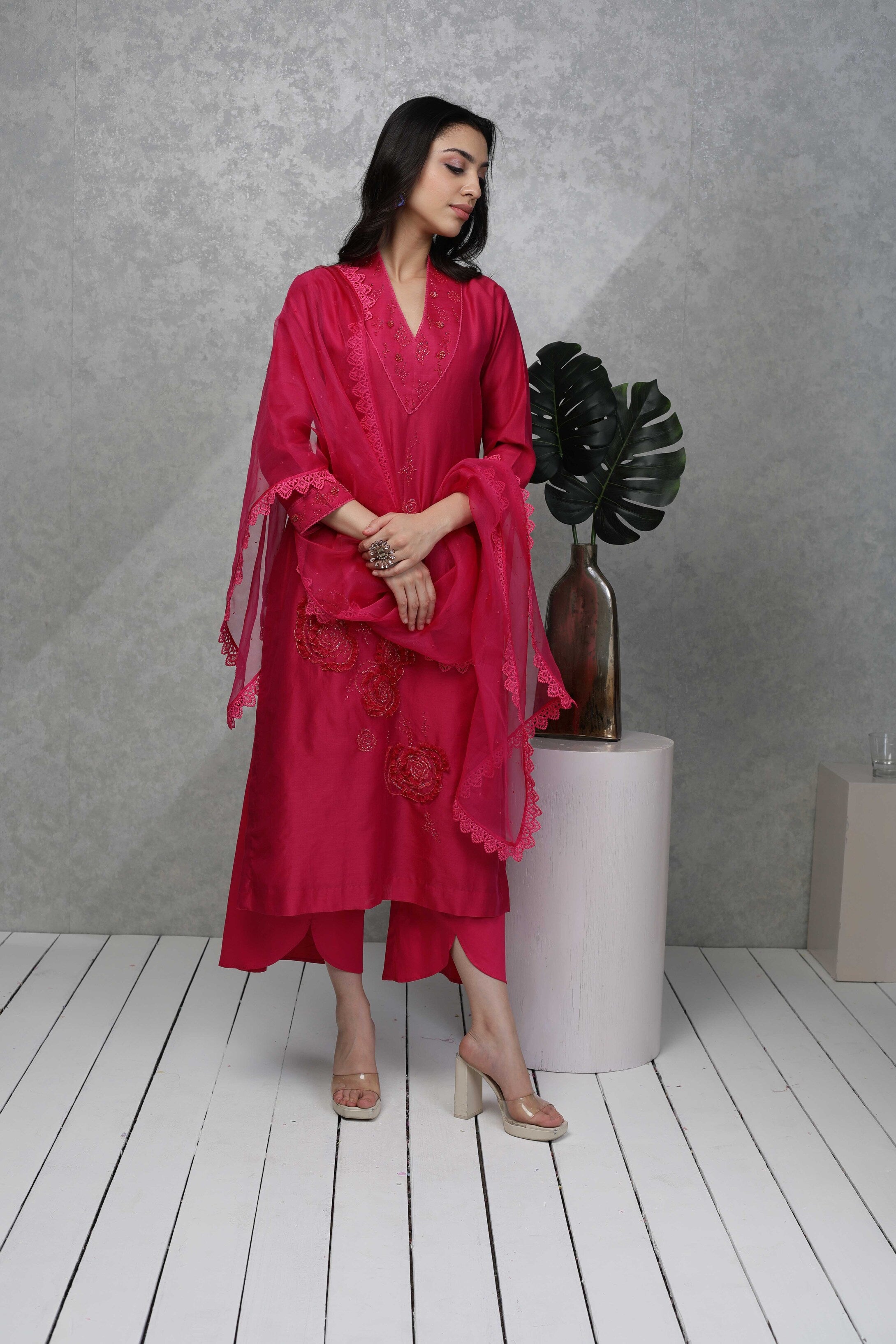 Festive kurta with Sequin and bead embroidery with pants & Organza dupatta