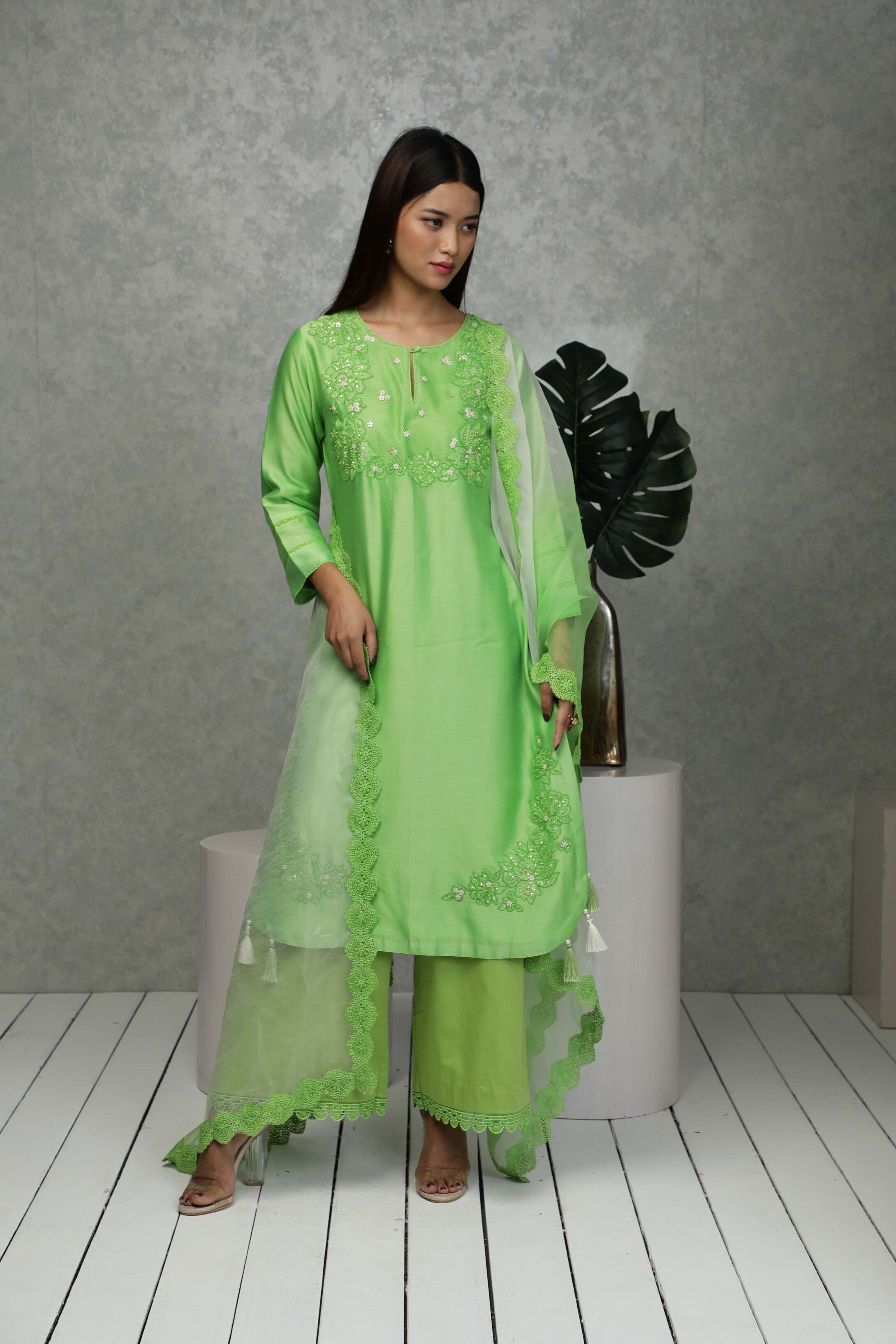 Festive kurta with Sequin embroidery with pants & Organza dupatta