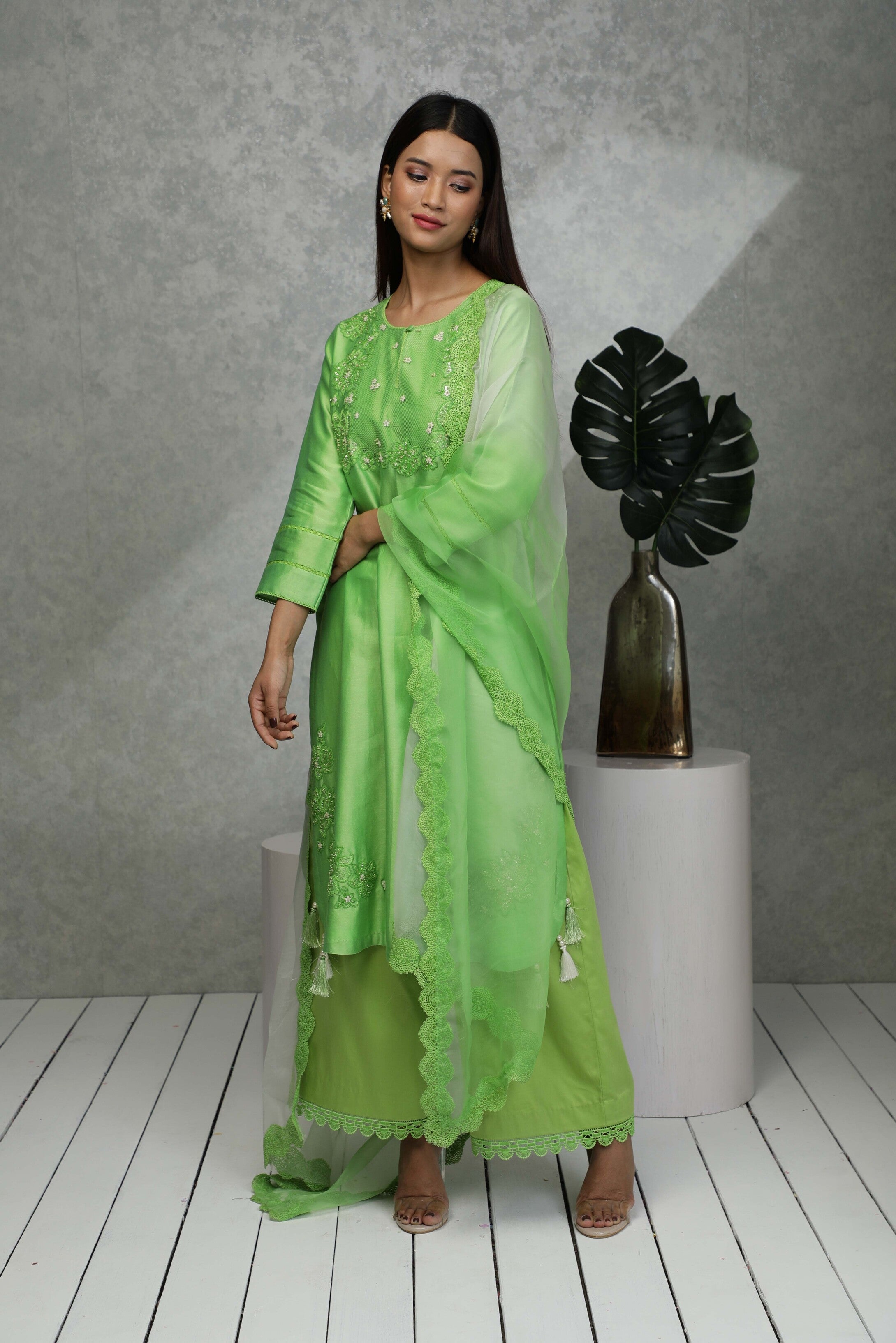 Festive kurta with Sequin embroidery with pants & Organza dupatta