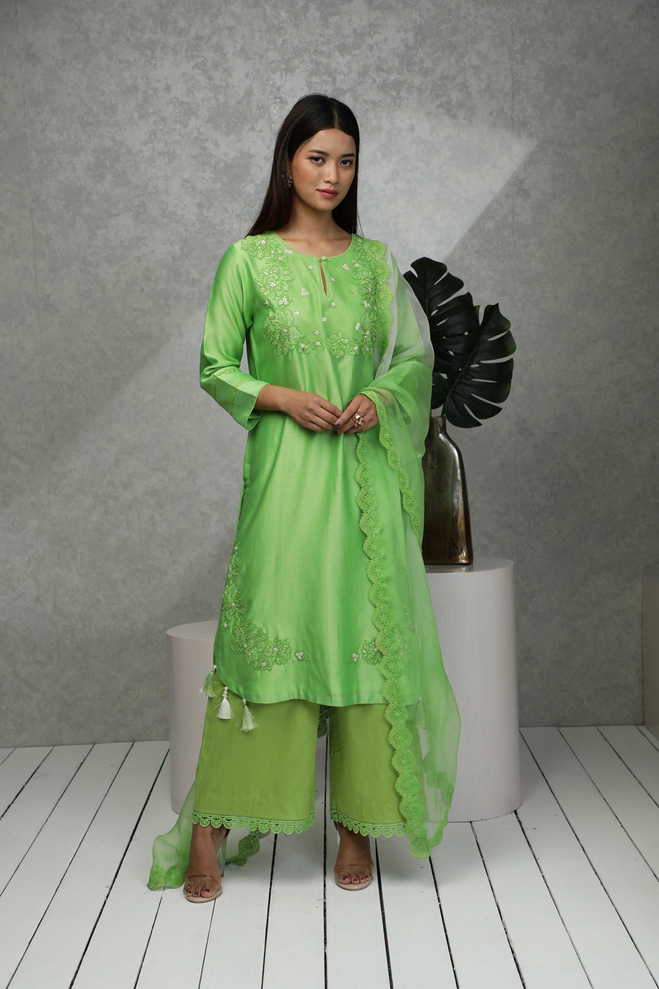 Festive kurta with Sequin embroidery with pants & Organza dupatta