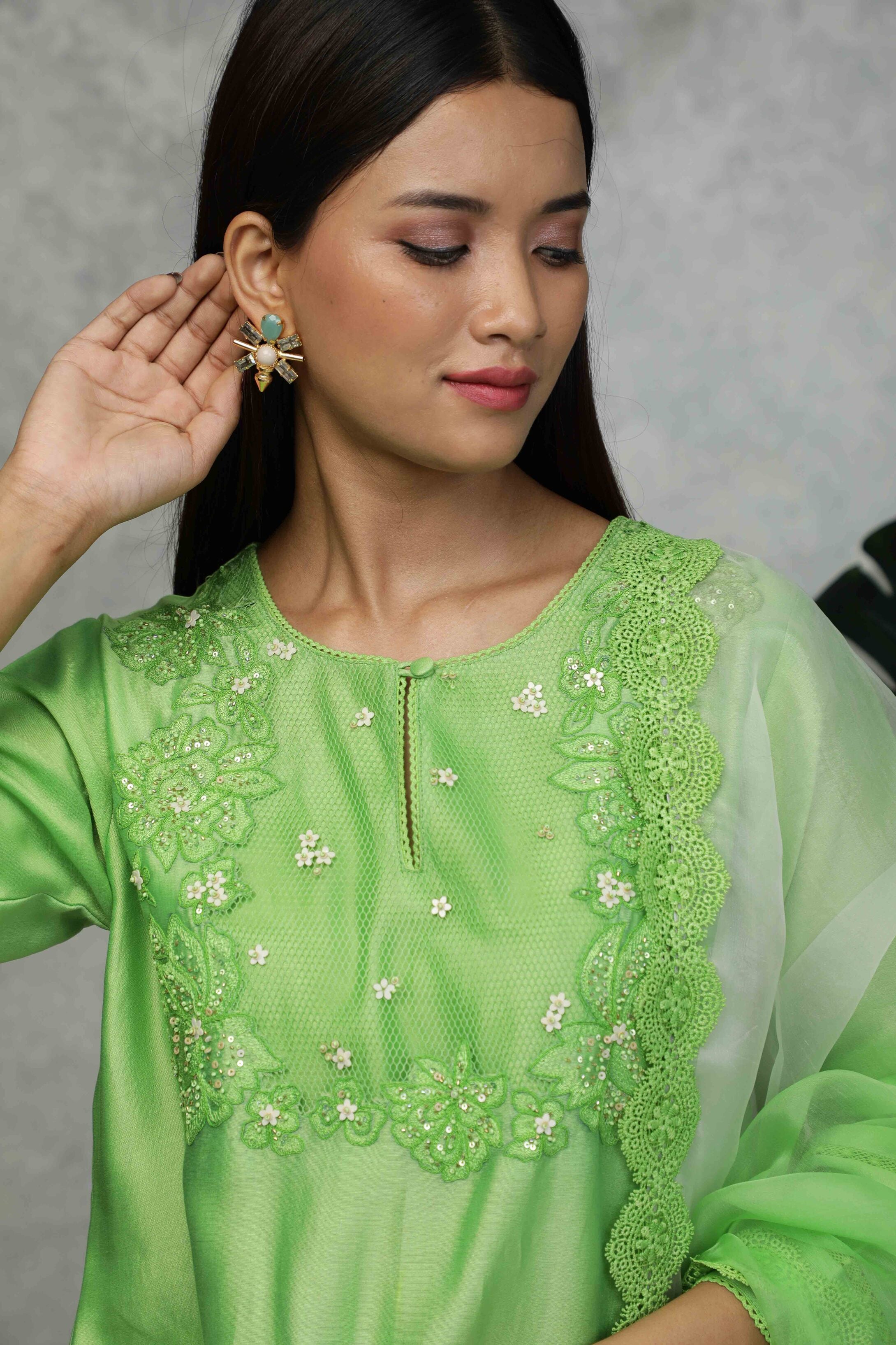 Festive kurta with Sequin embroidery with pants & Organza dupatta