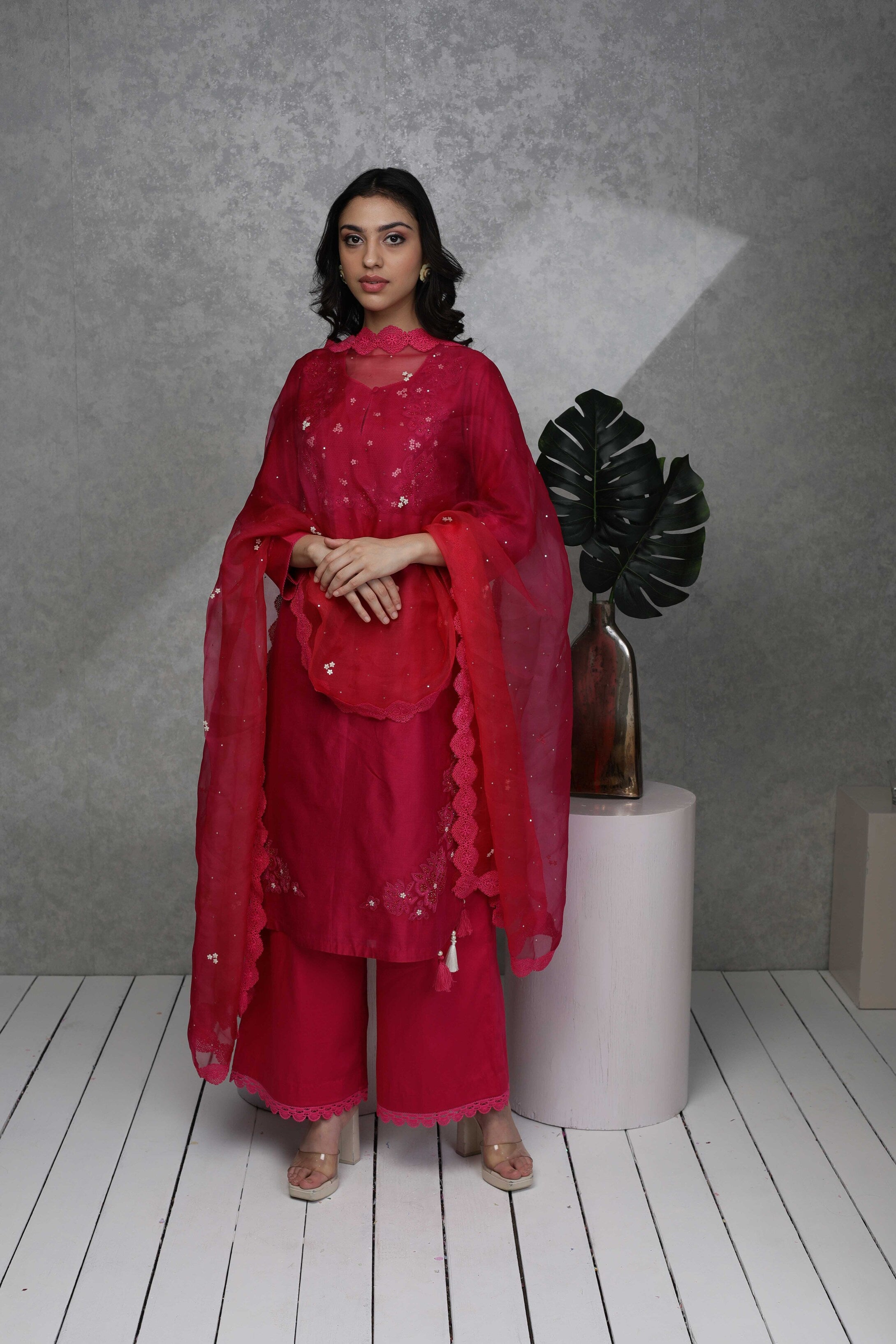 Festive kurta with Sequin embroidery with pants & Organza dupatta