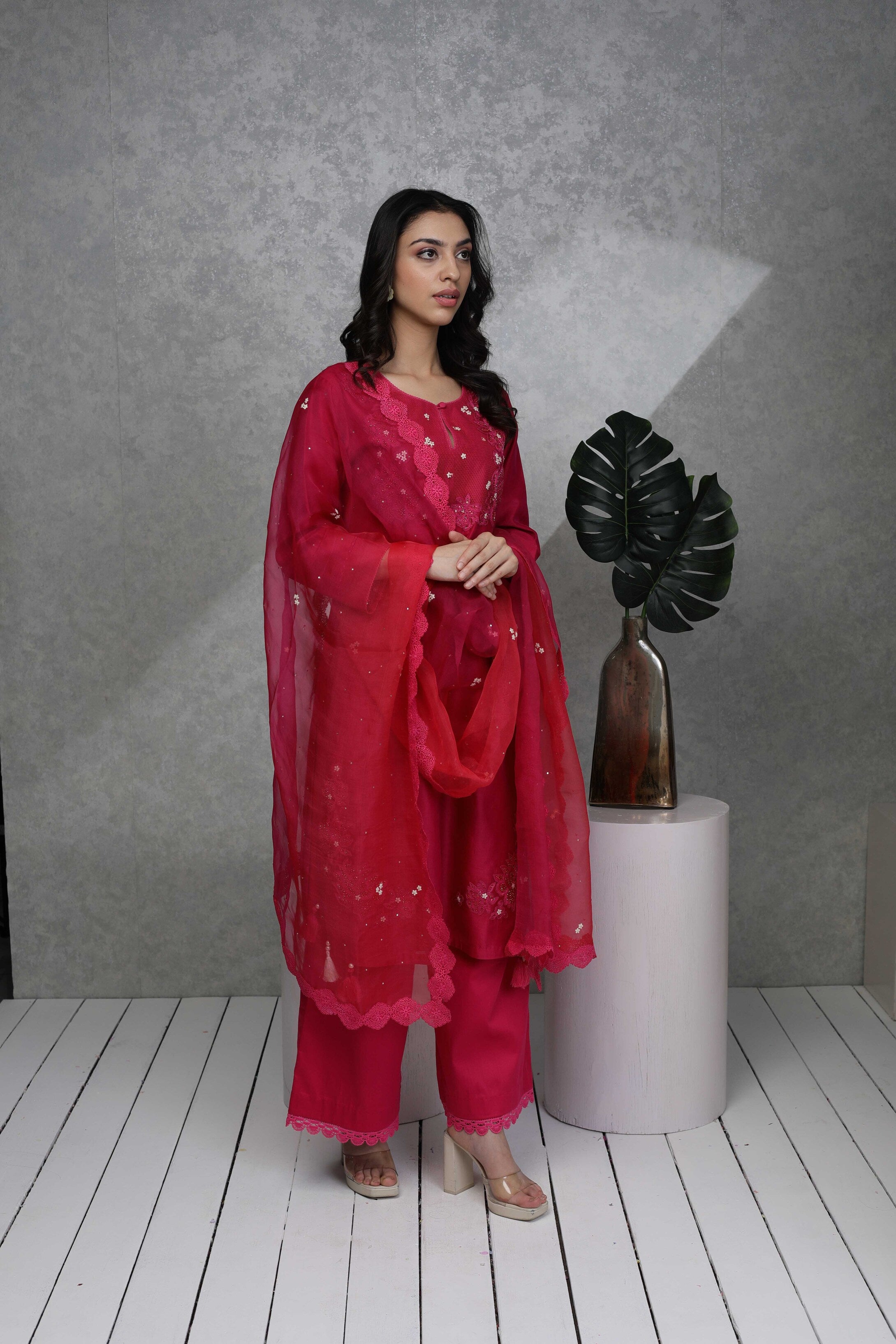 Festive kurta with Sequin embroidery with pants & Organza dupatta