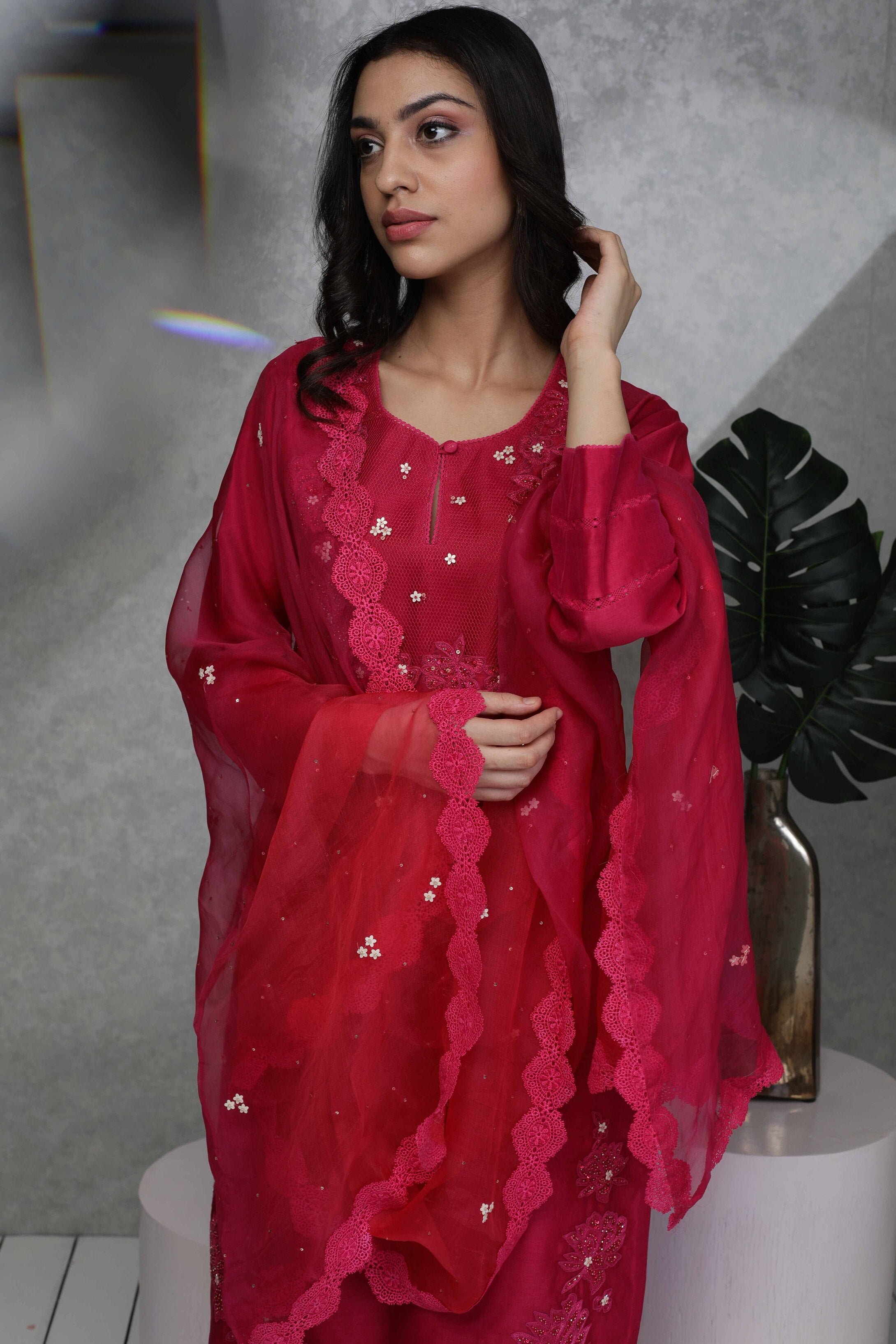 Festive kurta with Sequin embroidery with pants & Organza dupatta