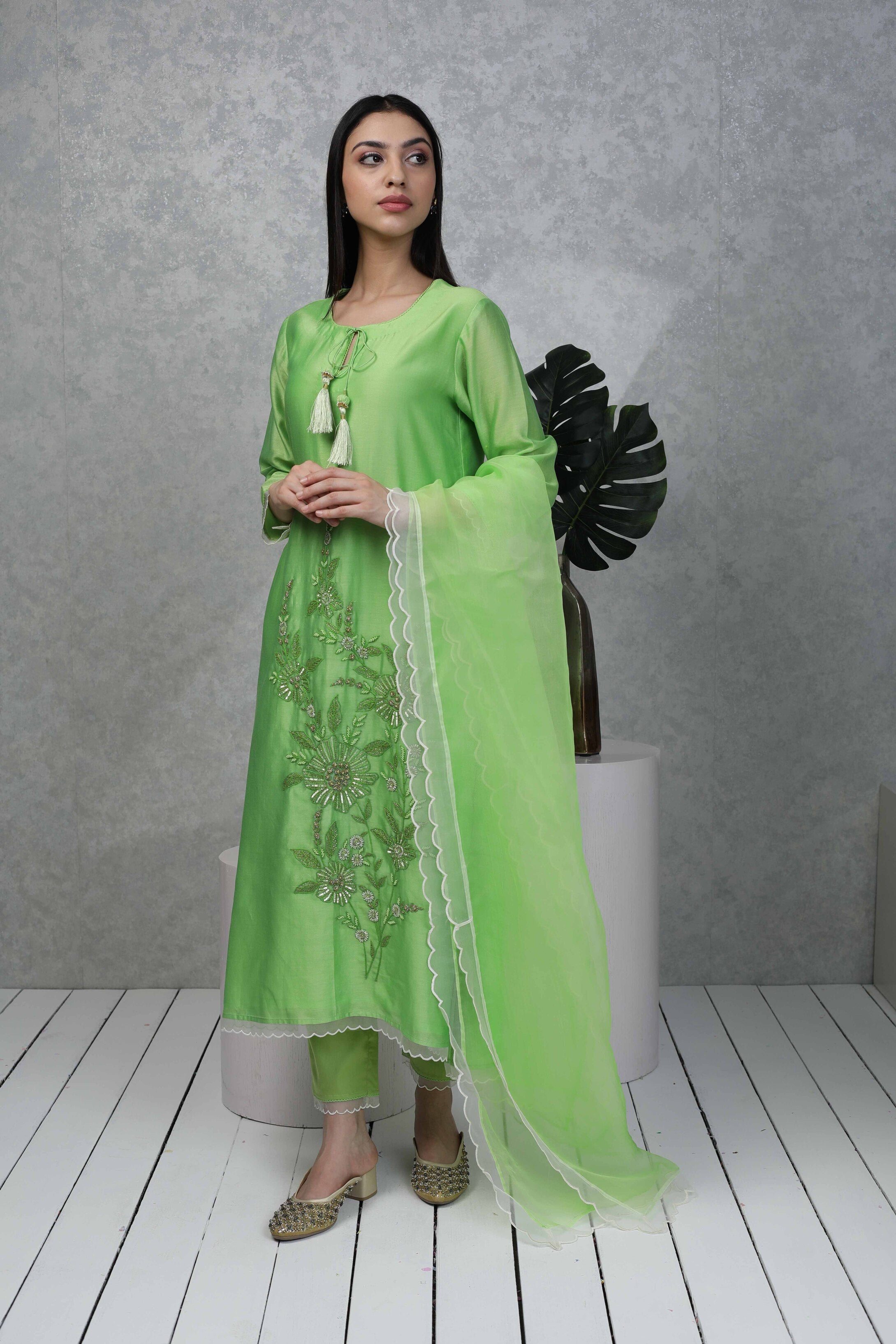 Festive kurta with Sequin embroidery with pants & Organza dupatta