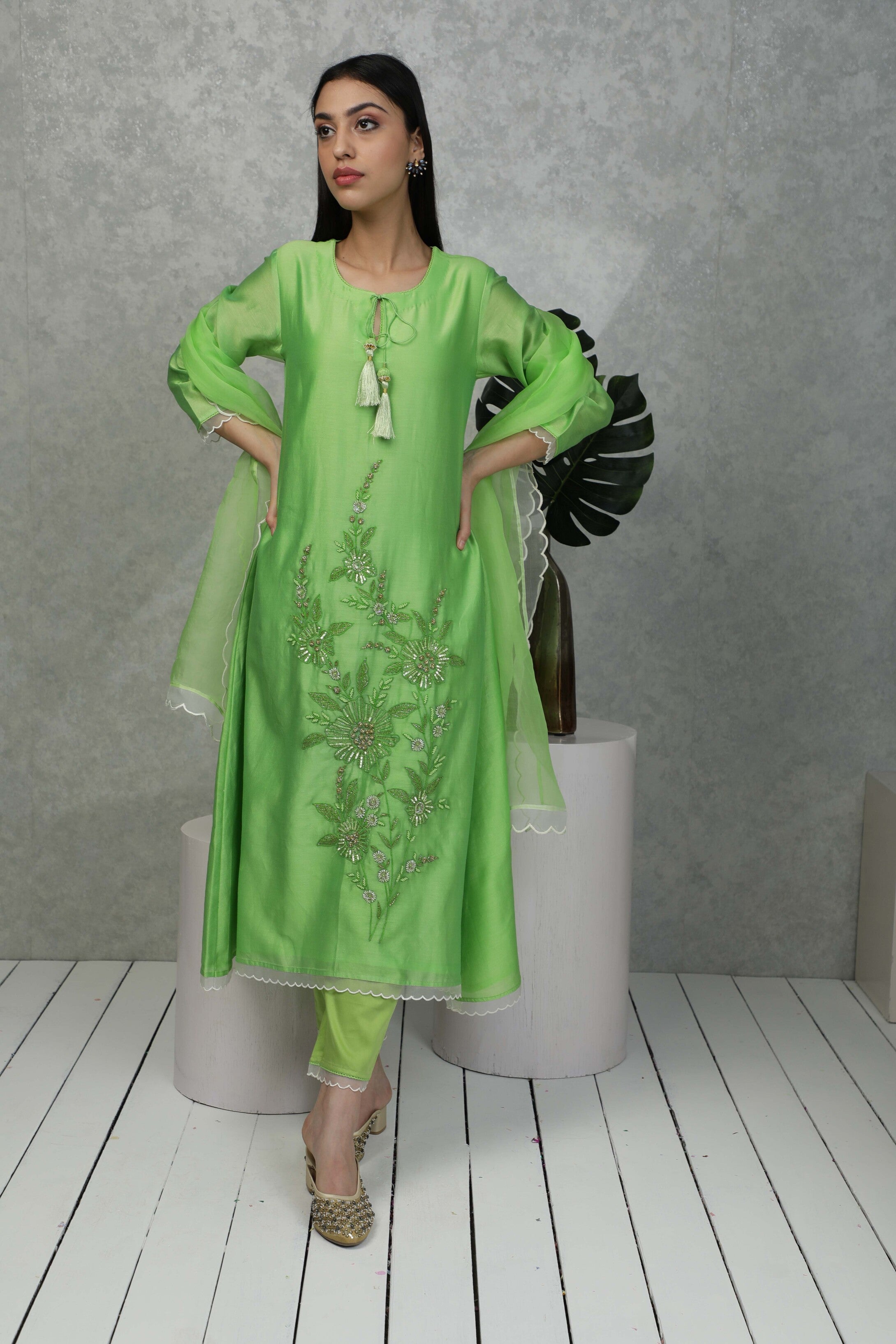 Festive kurta with Sequin embroidery with pants & Organza dupatta