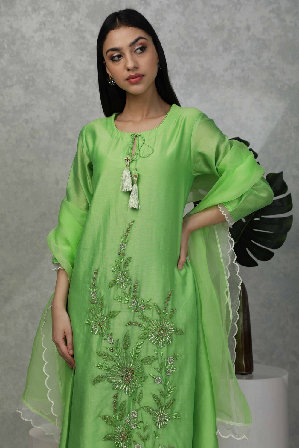 Festive kurta with Sequin embroidery with pants & Organza dupatta