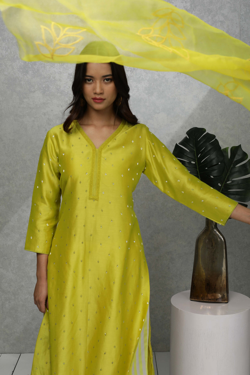 Festive kurta with Sequin and bead embroidery with handwoven pants & Organza dupatta