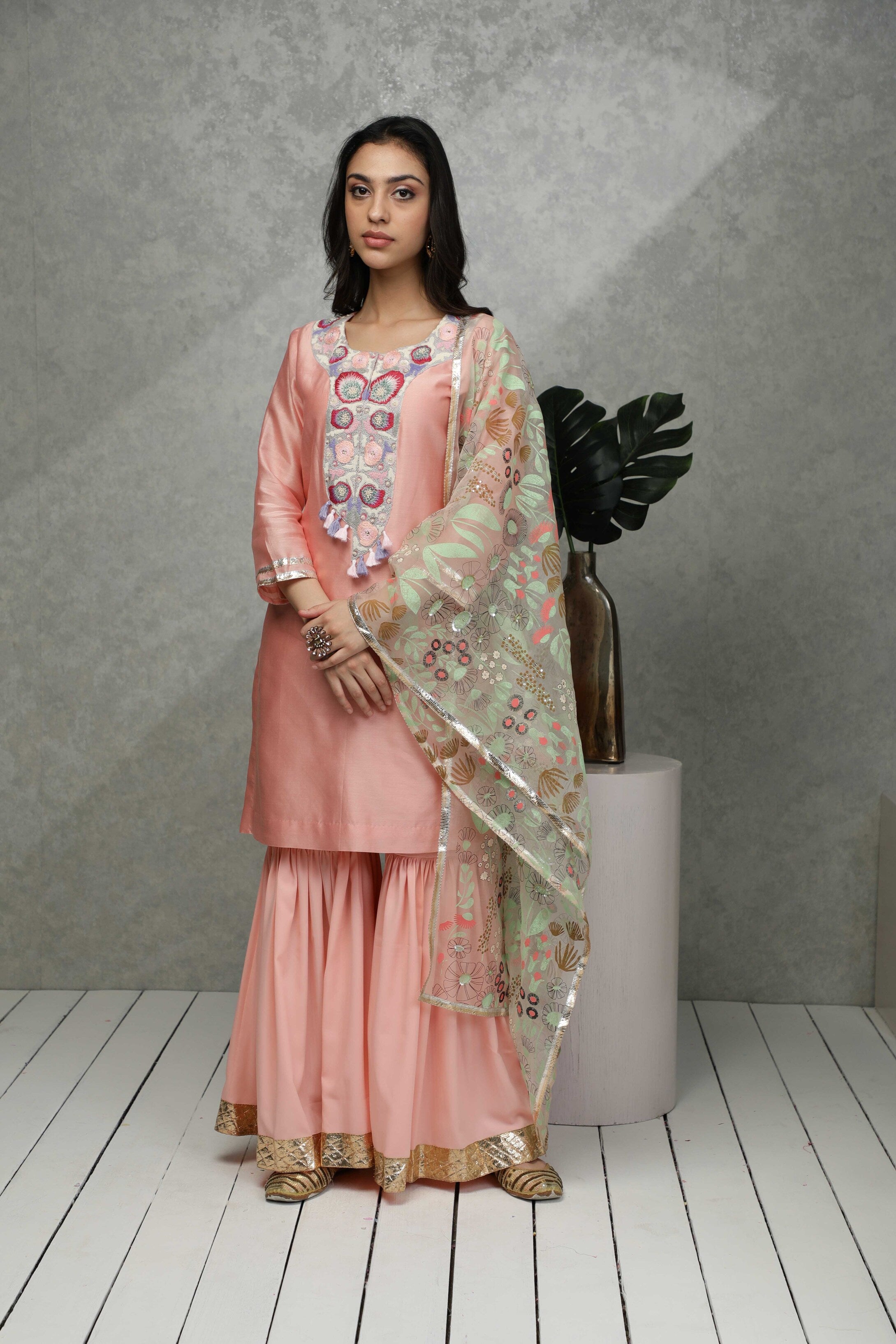 Festive kurta with Sequin, bead & thread embroidery with Sharara & Organza printed  dupatta