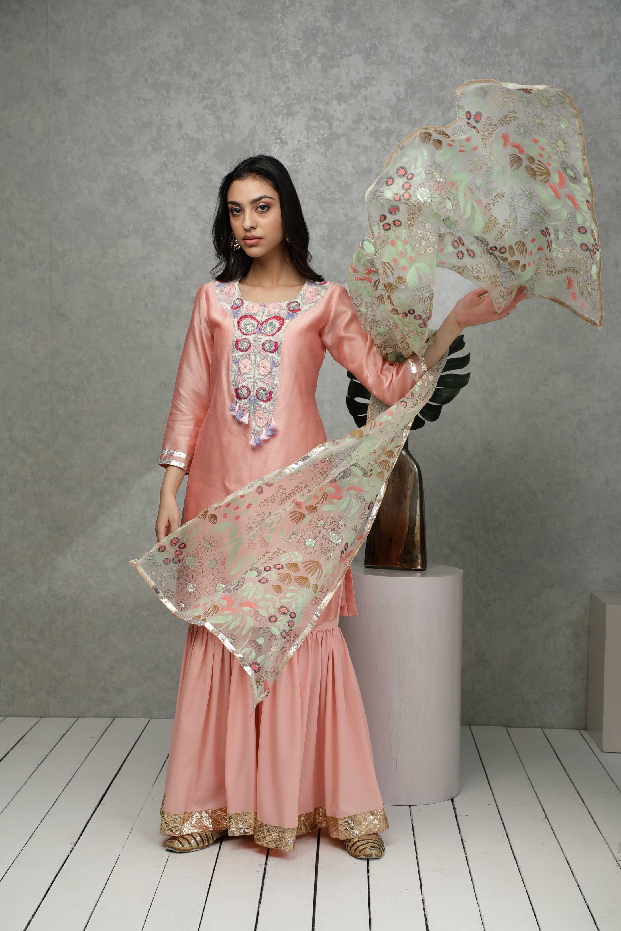 Festive kurta with Sequin, bead & thread embroidery with Sharara & Organza printed  dupatta