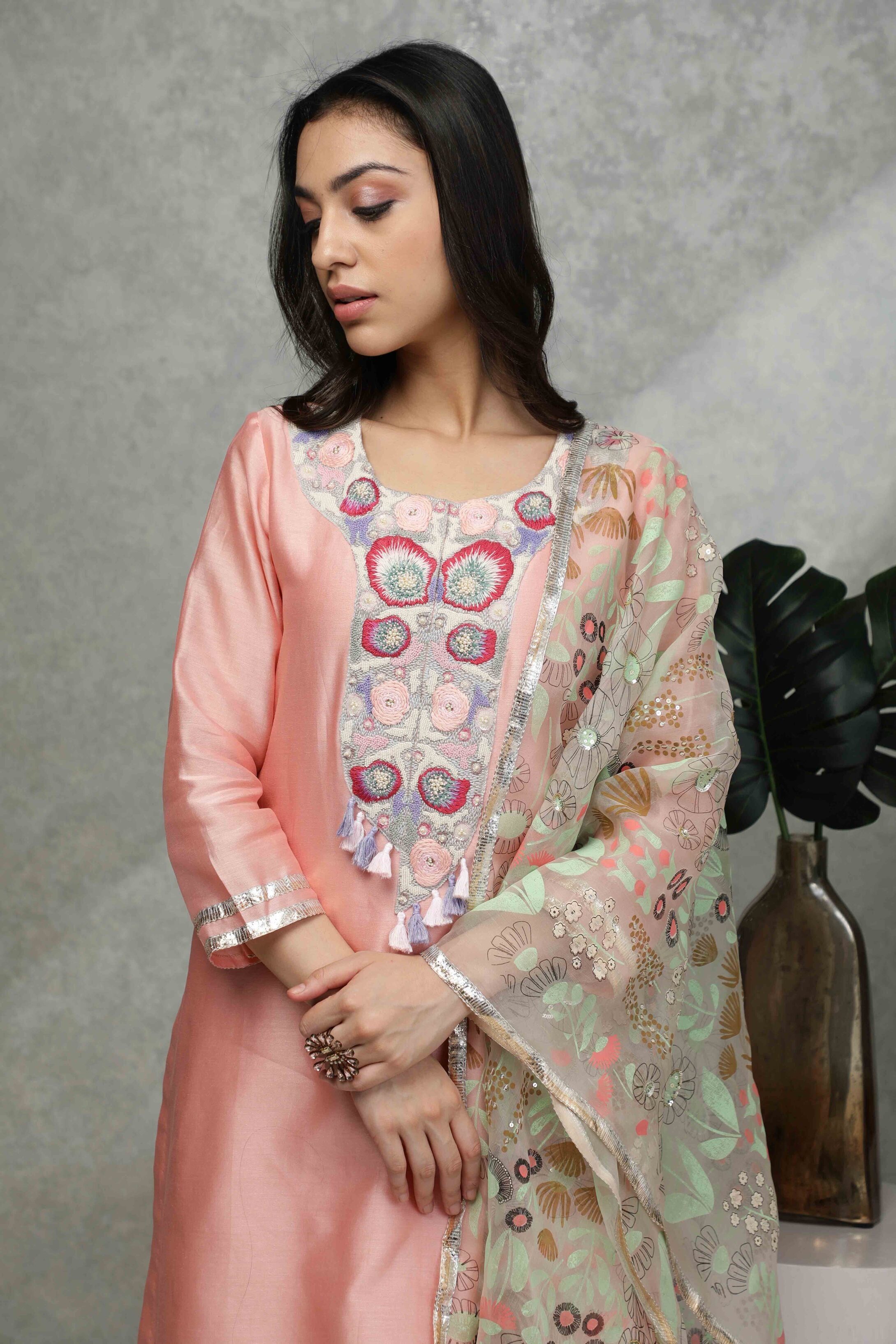 Festive kurta with Sequin, bead & thread embroidery with Sharara & Organza printed  dupatta