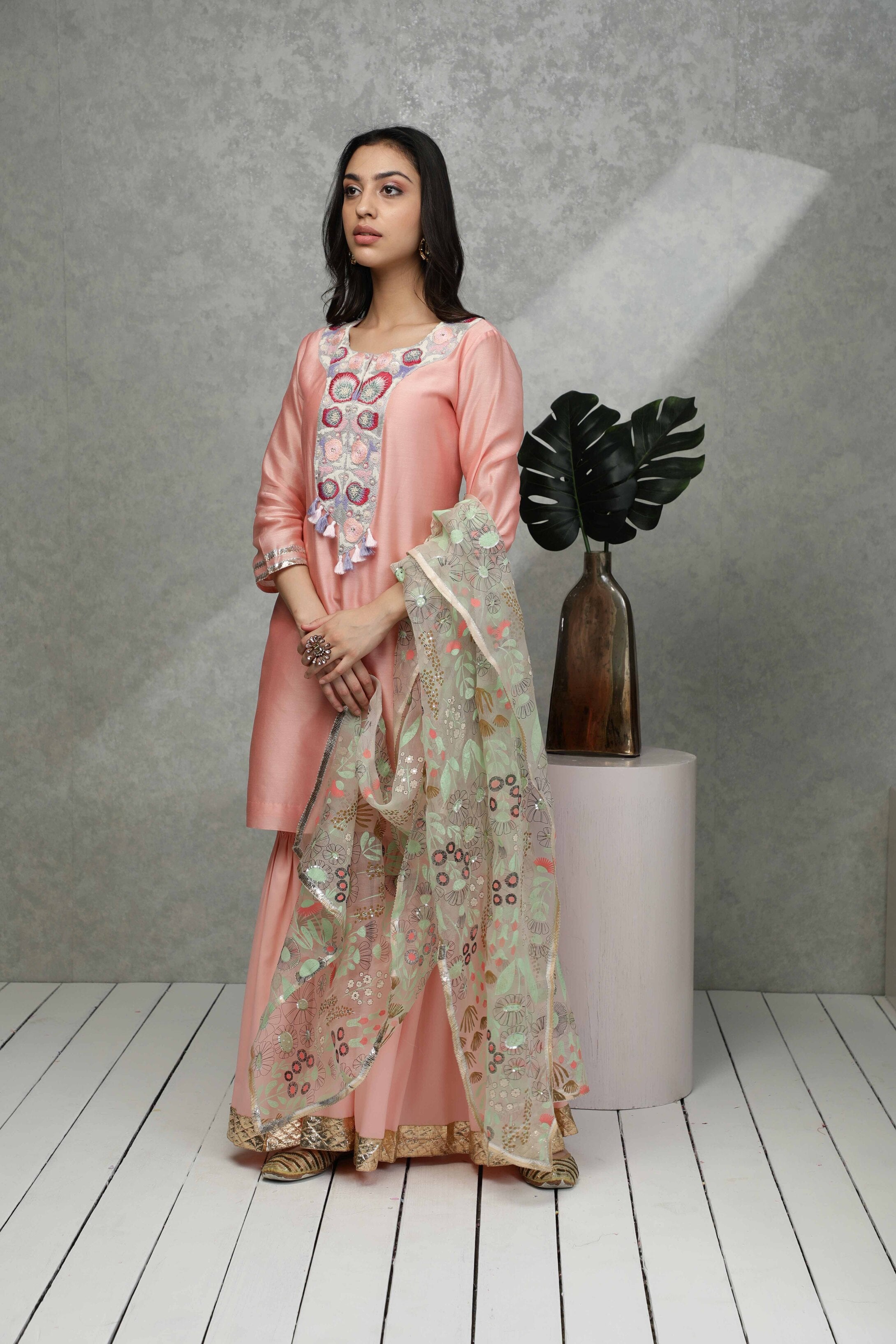 Festive kurta with Sequin, bead & thread embroidery with Sharara & Organza printed  dupatta