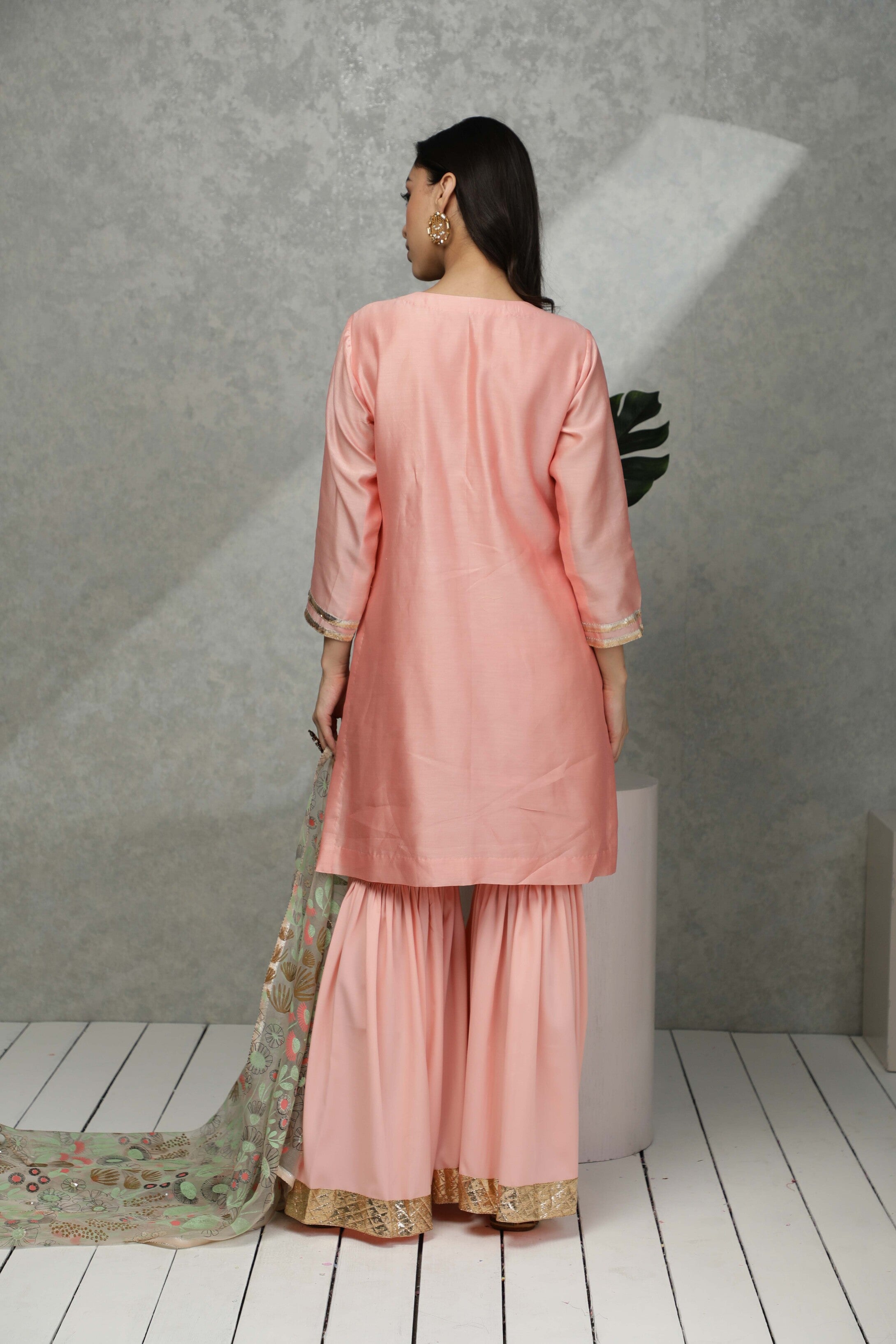 Festive kurta with Sequin, bead & thread embroidery with Sharara & Organza printed  dupatta