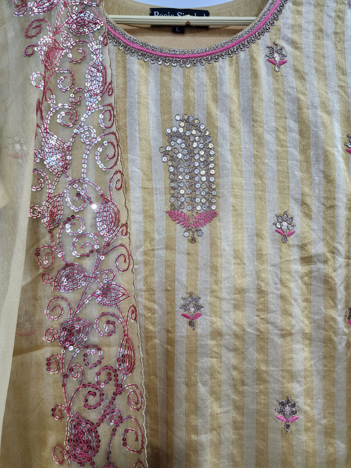 Stripe Pink Tissue Kurta With Chiffon Skirt & Dupatta